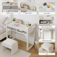 Ensemble bureau et chaise pour enfants Garvee avec rangement, tabouret rembourré en PU, bois, robuste et durable, blanc, chambre et salle de jeux
