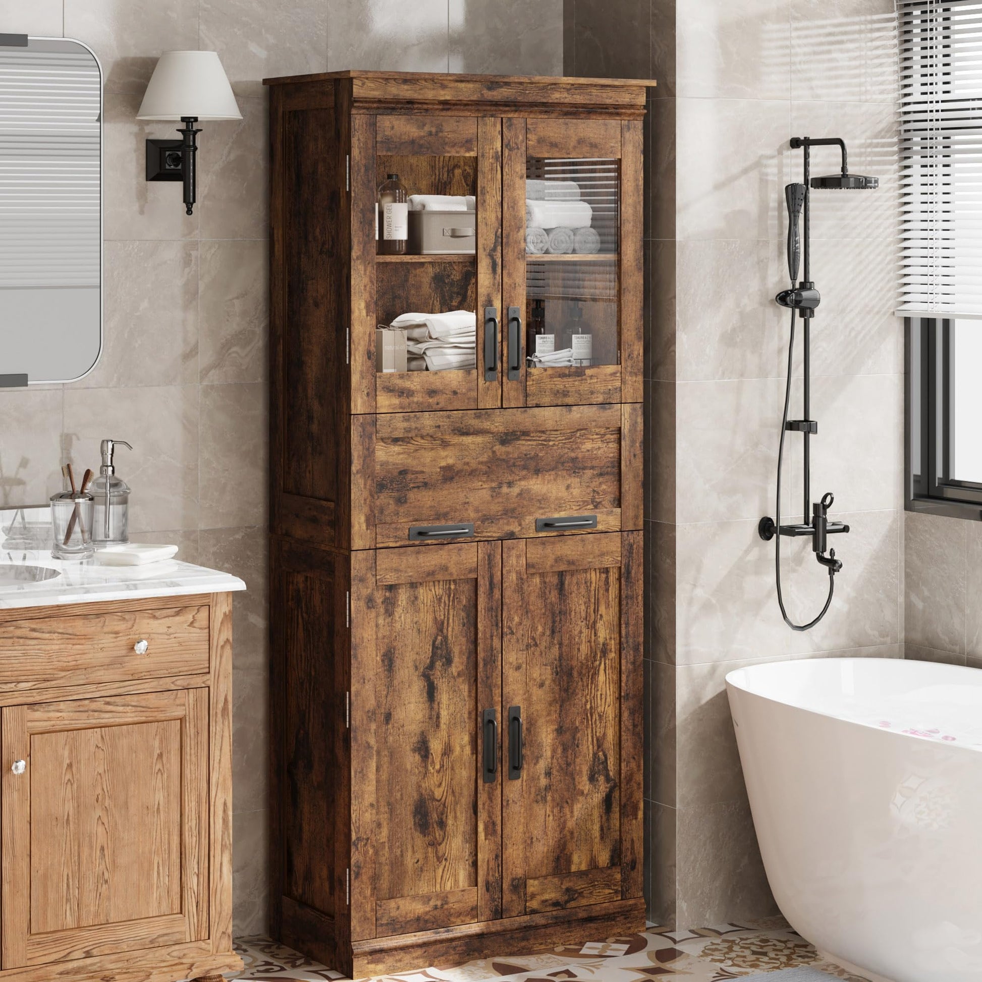 Meuble de salle de bain Garvee de 170 cm de haut avec 4 portes et tiroir en verre, idéal pour la salle de bain et la cuisine. Étagères réglables, couleur brun rustique, en MDF. Robuste et moderne.