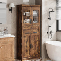 Meuble de salle de bain Garvee de 170 cm de haut avec 4 portes et tiroir en verre, idéal pour la salle de bain et la cuisine. Étagères réglables, couleur brun rustique, en MDF. Robuste et moderne.