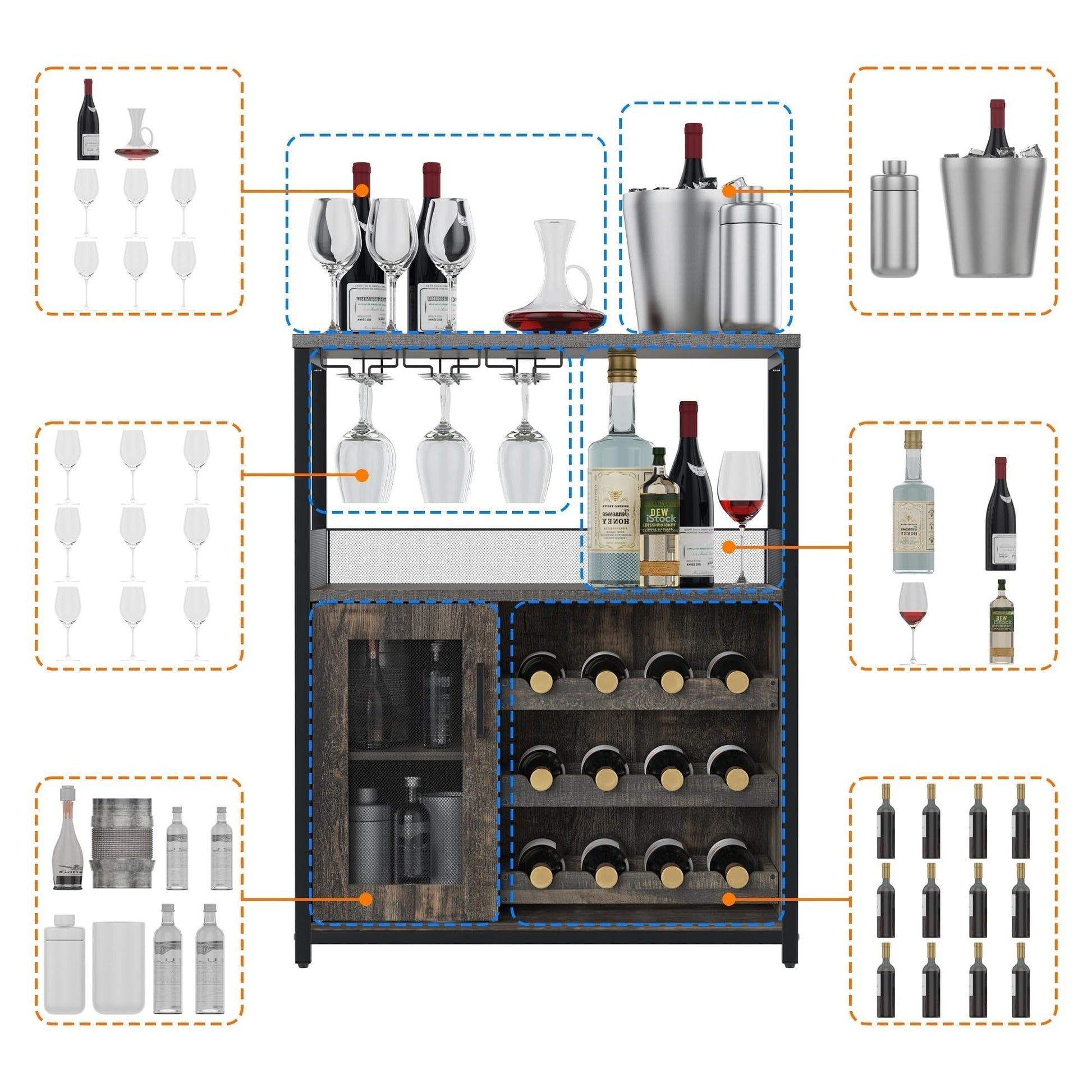 Meuble bar à vin Garvee à 3 niveaux avec casier à bouteilles amovible et porte-verres, idéal pour la cuisine et le salon. Dimensions : 69 cm (L) x 35 cm (P) x 92 cm (H). Matériaux : MDF et fer.