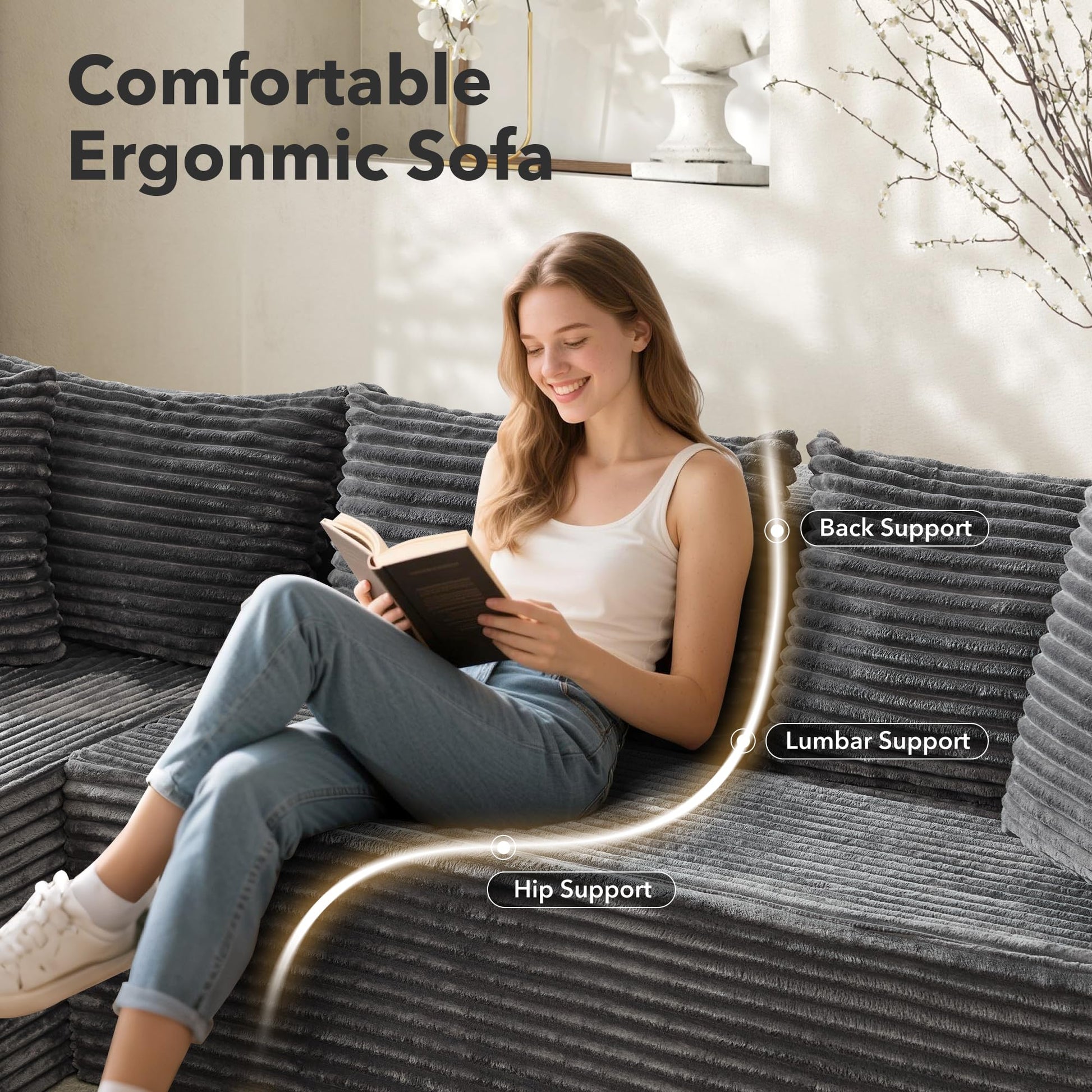 Canapé d'angle modulable Garvee 106' avec méridienne en L, revêtement en velours côtelé, ergonomique et respirant, pour salon, 106 pouces, beige