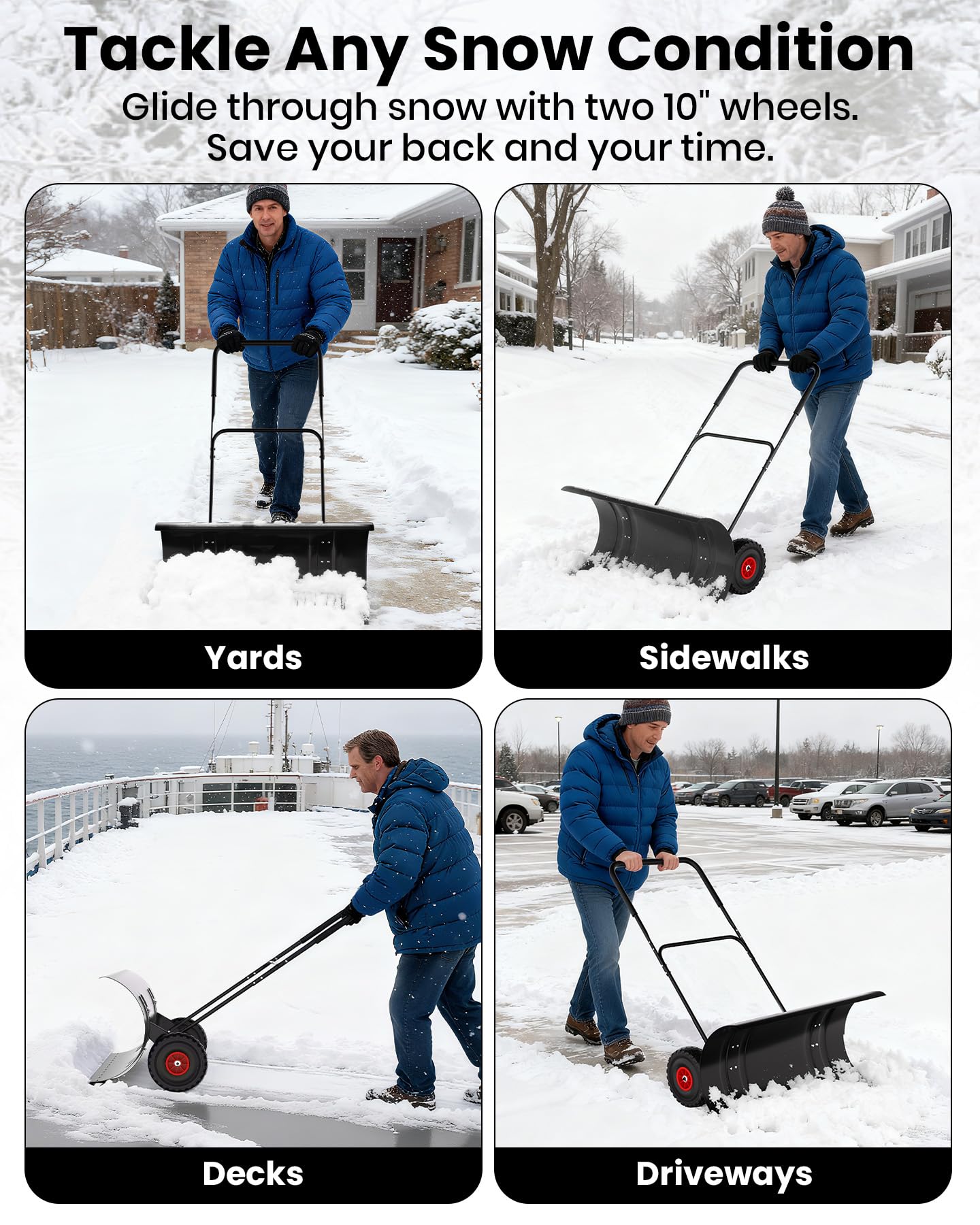 Pelle à neige Garvee 29 po en acier robuste avec roues, lame et poignée réglables en hauteur, ergonomique, durable, pour allées, noire
