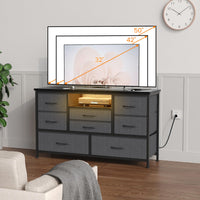 Garvee Meuble TV à 8 tiroirs en tissu avec prises LED pour chambre ou salon, compatible TV 140 cm, MDF beige