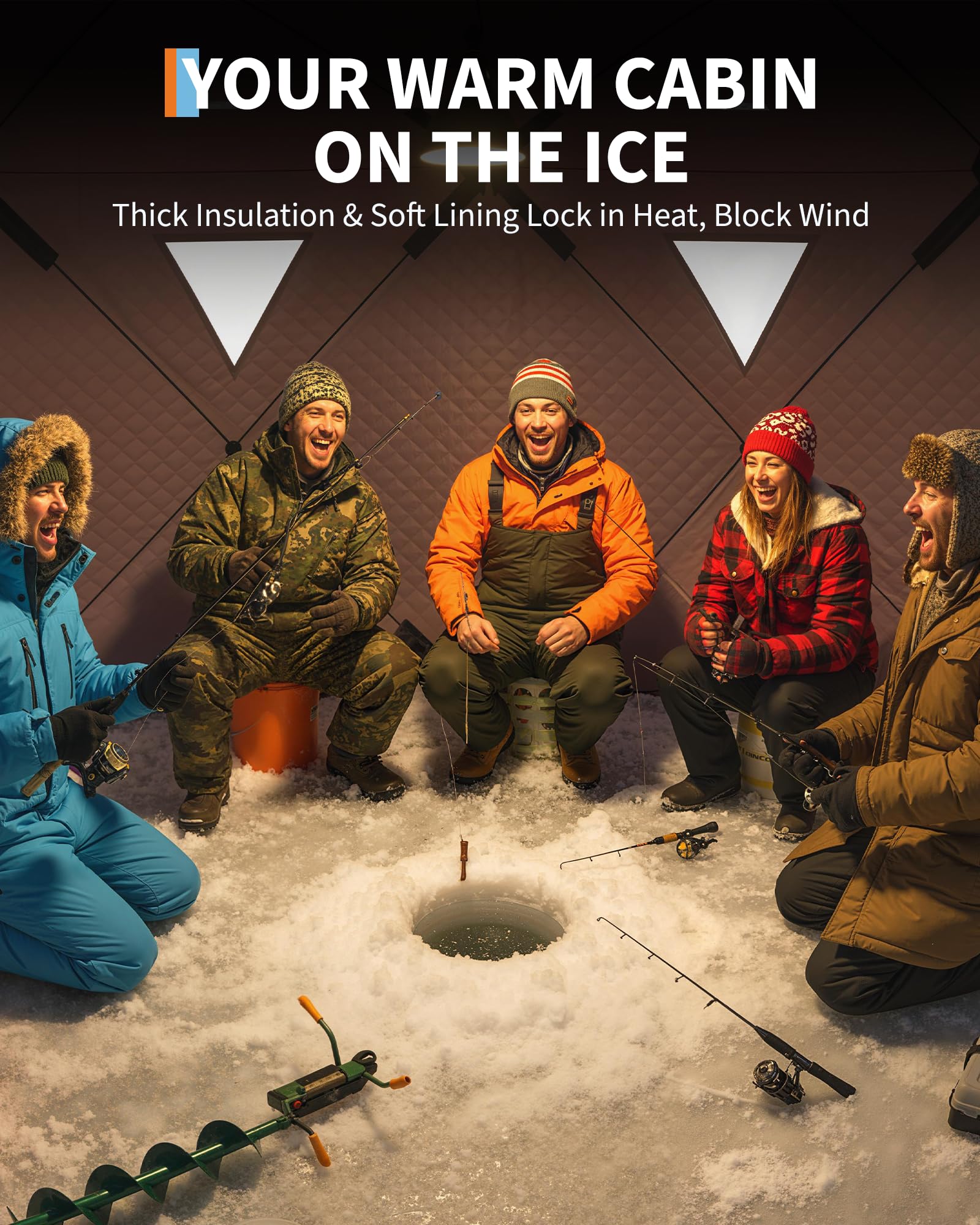 Tente de pêche sur glace Garvee Pop-Up, tissu Oxford 210D, isolée, coupe-vent, pour 6 à 8 personnes, pêche hivernale, avec ancres et cordes