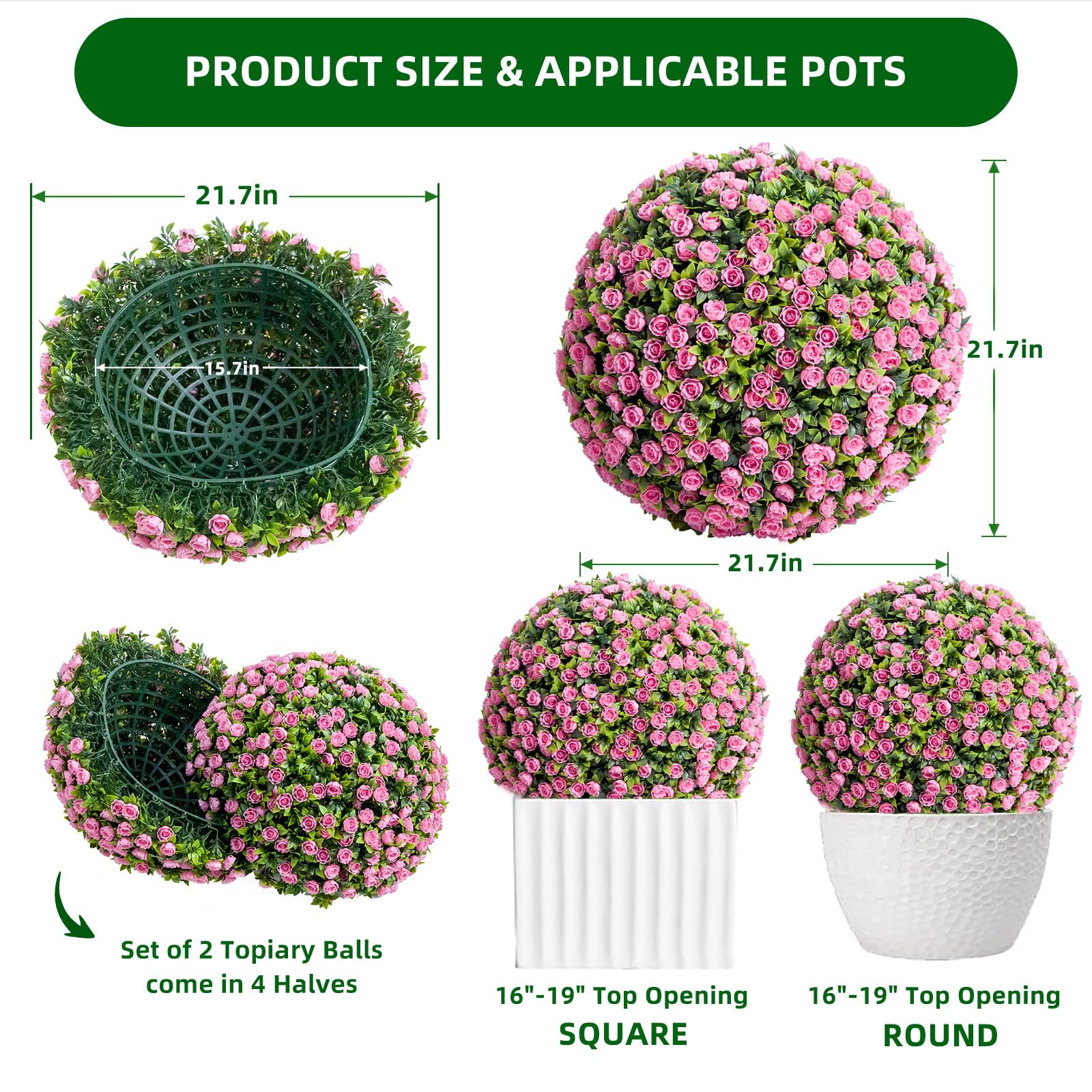 Garvee Lot de 2 Boules de Buis Artificielles 55 cm avec Fleurs, PE Résistant aux UV, pour Mariage et Balcon, Vert Rouge Rose