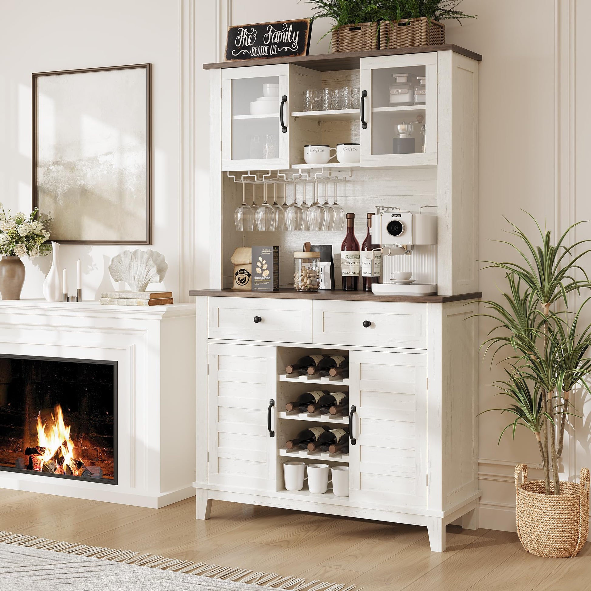 Meuble de cuisine Garvee de 183 cm de haut avec 4 portes, casier à vin, tiroirs, blanc, salle à manger, coin café, bois, étagères réglables