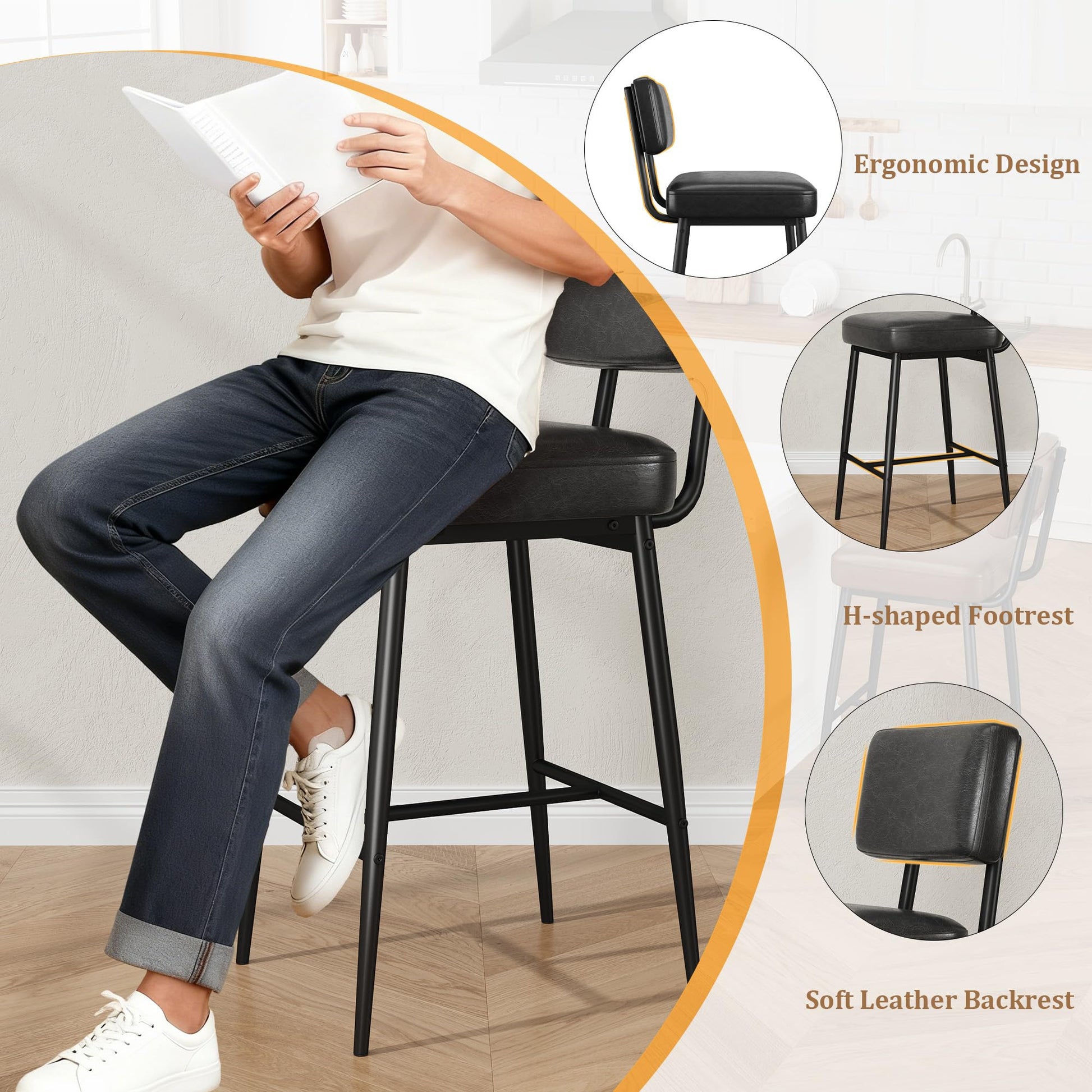 Ensemble de 2 tabourets de bar Garvee, 66 cm (26 po), revêtement en similicuir, dossier ergonomique, pieds en métal, pour îlot de cuisine, noir