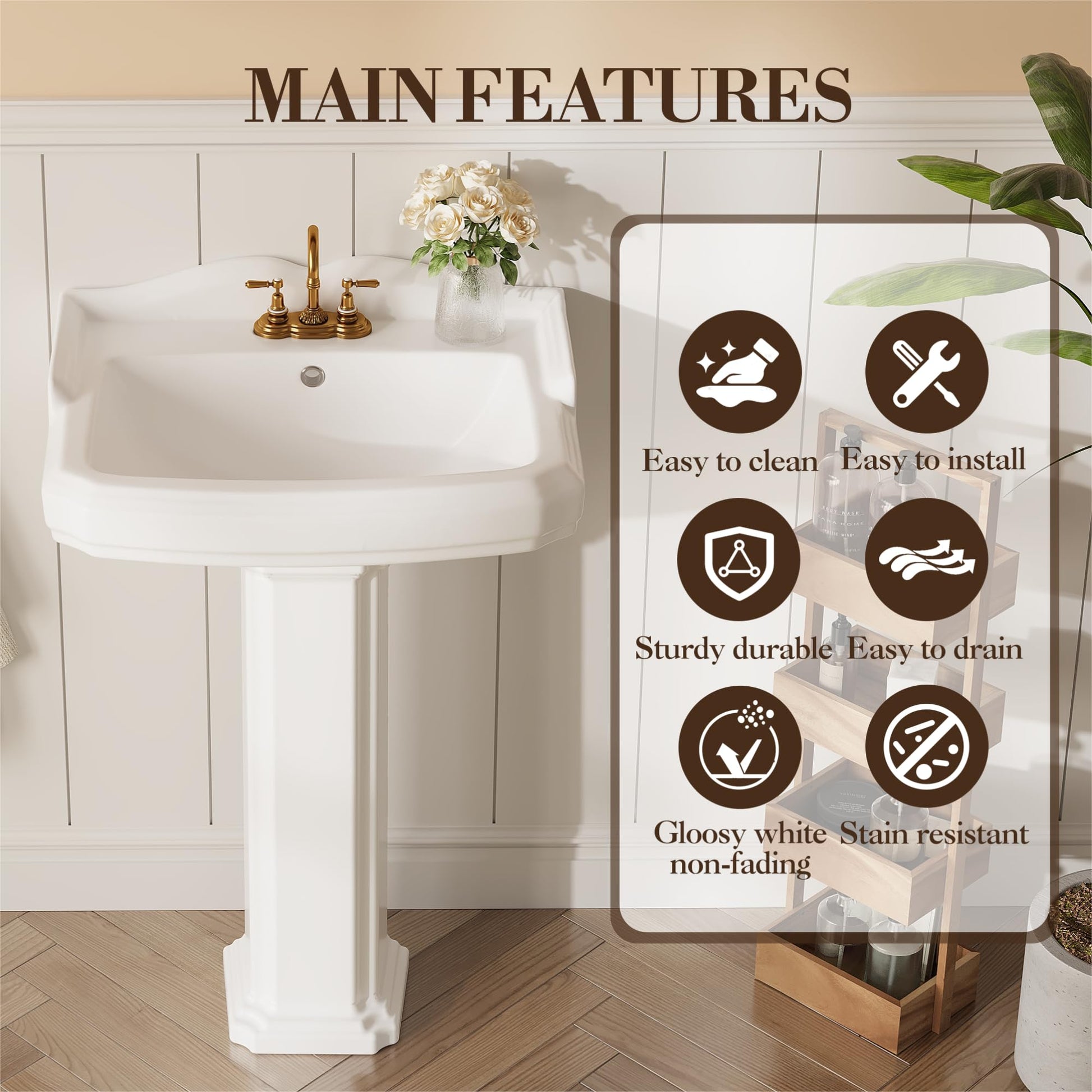 Lavabo sur pied rectangulaire en céramique Garvee 23 x 19 pouces avec robinet à 3 trous et trop-plein pour salle de bain moderne, blanc