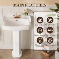Lavabo sur pied rectangulaire en céramique Garvee 23 x 19 pouces avec robinet à 3 trous et trop-plein pour salle de bain moderne, blanc