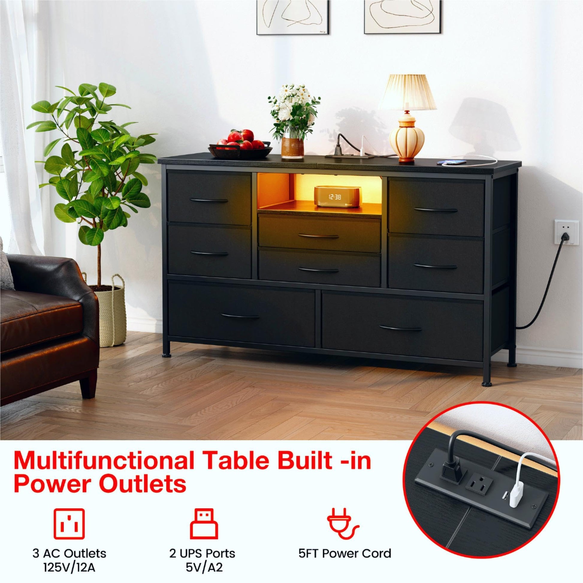 Garvee Meuble TV à 8 tiroirs avec éclairage LED et prise électrique pour salon et chambre, en MDF, grand format, léger, avec système de gestion des câbles