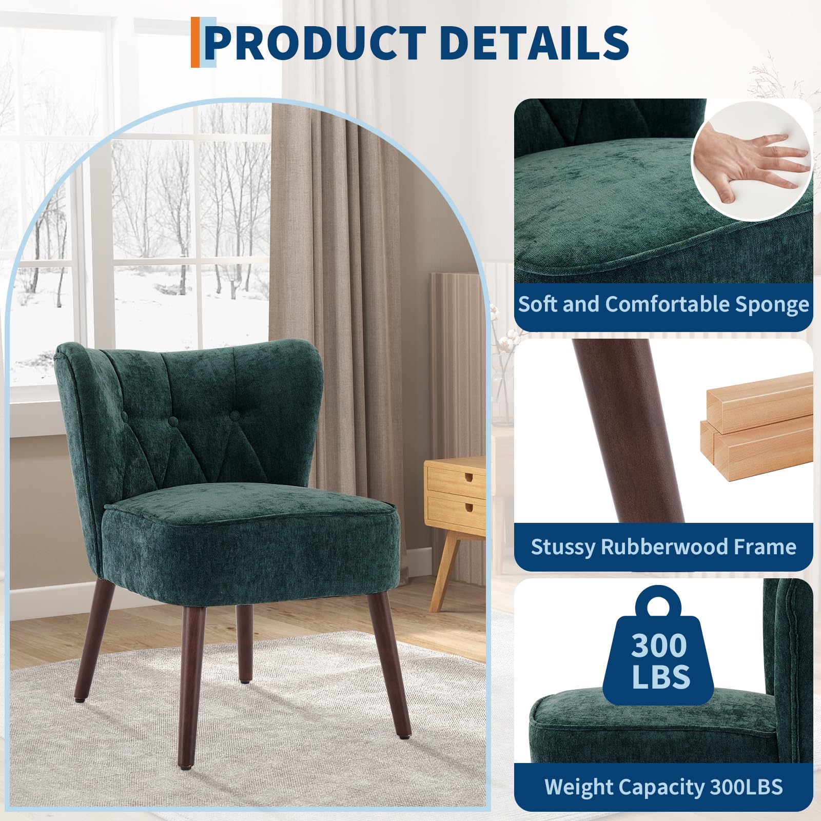 Fauteuil d'appoint Garvee sans accoudoirs, pieds en bois, revêtement en tissu capitonné, ergonomique, robuste et polyvalent, idéal pour le salon et la chambre, multicolore.