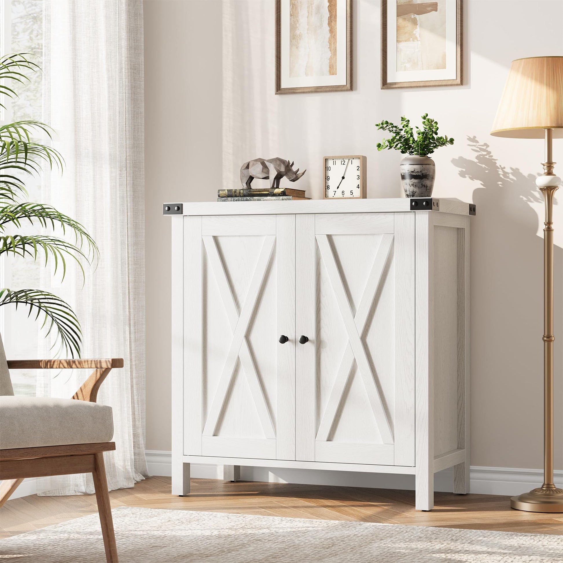 Garvee buffet de style campagne avec 2 portes, étagères réglables, MDF, blanc, pour le salon et la salle à manger, robuste et polyvalent, 76 × 40 × 80 cm