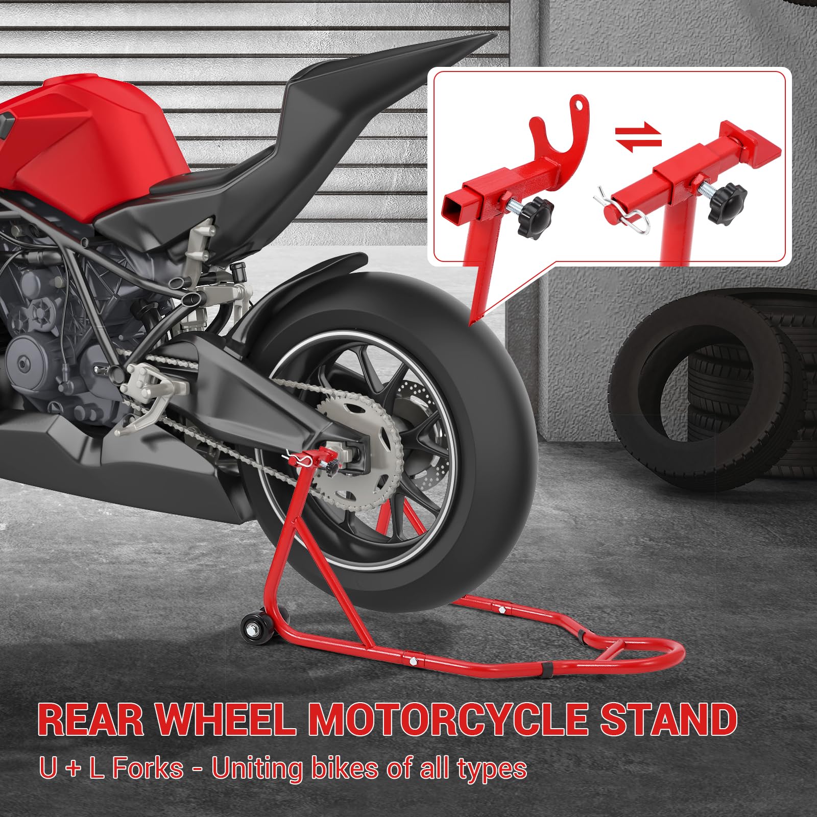 Support de levage pour moto Garvee, capacité de charge 385 kg, réglable, en fer antirouille, universel, pour atelier ou garage, noir.