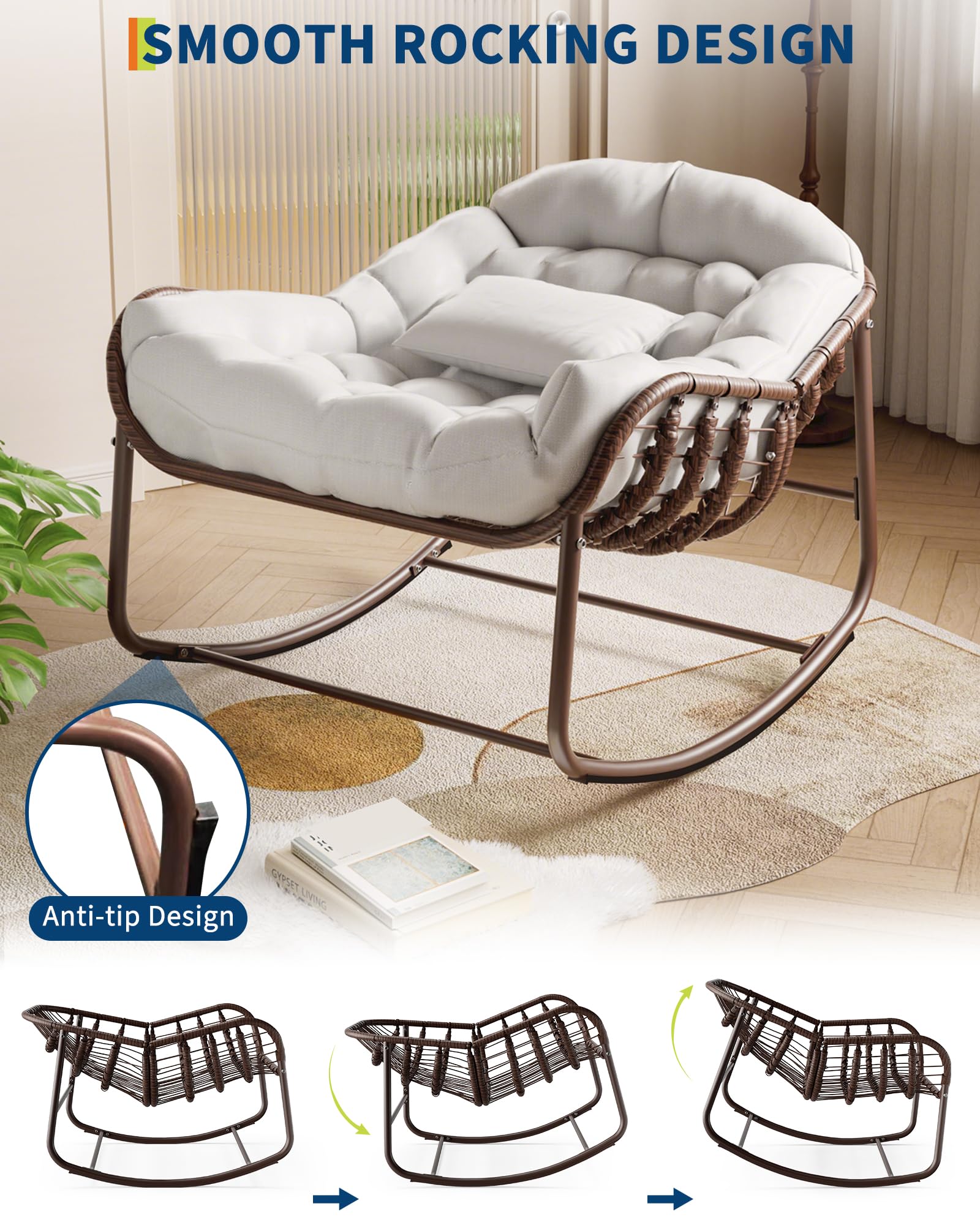 Garvee Fauteuil œuf à bascule intérieur extérieur, rotin effet naturel, format oversize, coussin rembourré en oléfine résistante, jardin et porche