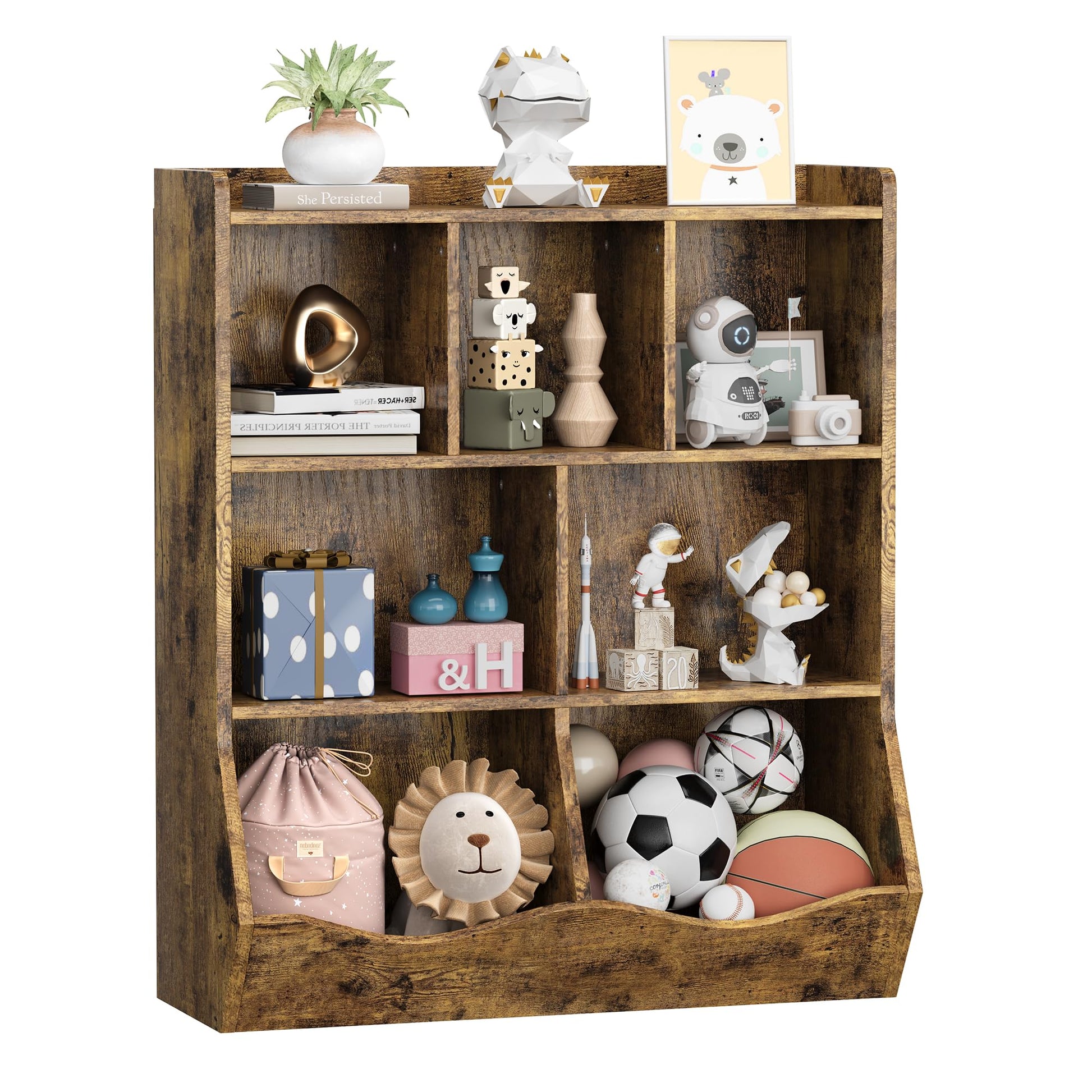Armoire à jouets Garvee marron rustique à 3 étagères, protection anti-basculement pour chambres d'enfants et salles de jeux, en bois robuste et sécurisée pour les enfants.