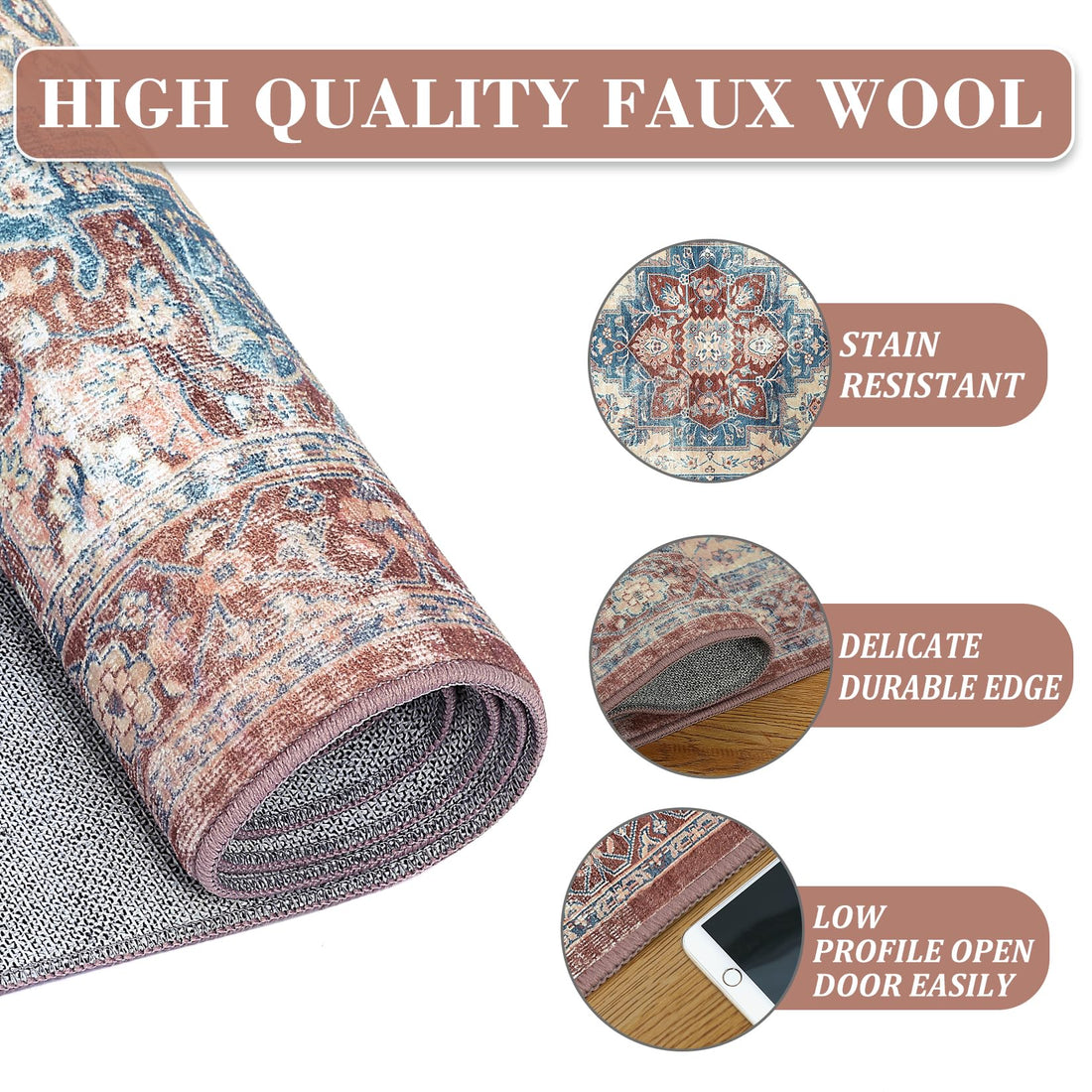 Tapis oriental GARVEE 120x170cm, lavable, doux, aspect rustique, poils courts, salon, chambre