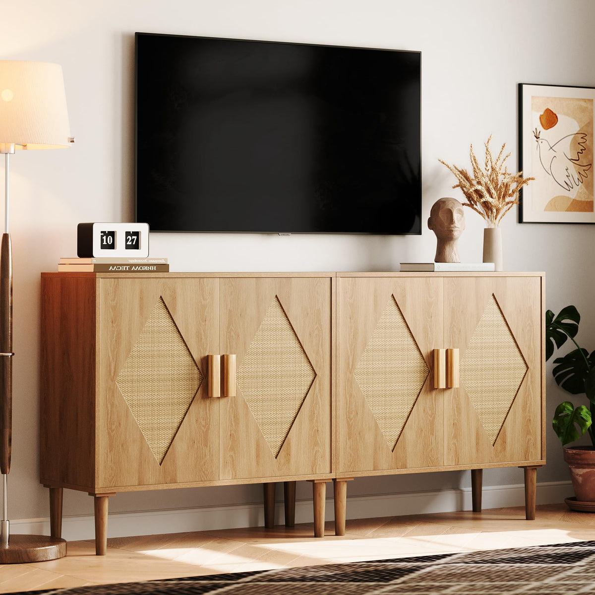 Buffet Garvee avec rangement, décor en rotin, 2 portes, meuble de rangement en bois naturel, salon, salle à manger, naturel