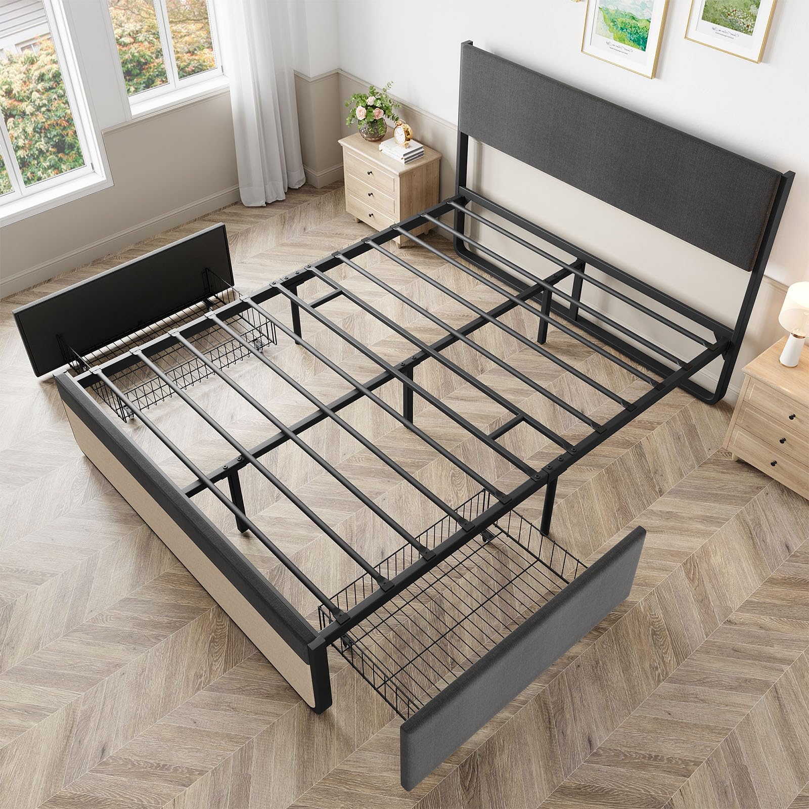 Cadre de lit Garvee Queen Size avec tête de lit, 2 tiroirs, sommier à lattes métalliques, silencieux, tissu en lin gris, chambre à coucher