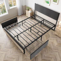 Cadre de lit Garvee Queen Size avec tête de lit, 2 tiroirs, sommier à lattes métalliques, silencieux, tissu en lin gris, chambre à coucher