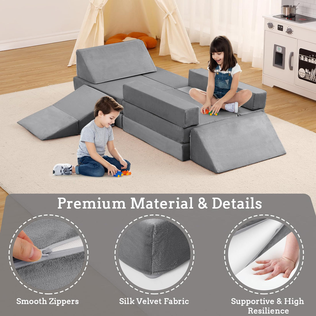 Garvee Canapé de jeu modulable enfant avec 12 blocs en mousse, dépliable, sûr et lavable, idéal chambre d’enfant et salle de jeux, coloris cordon matelassé