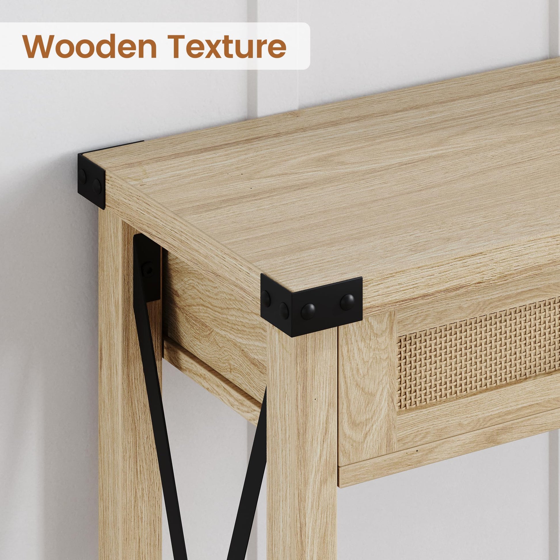 Console Garvee style ferme avec tiroirs en rotin, 109 cm, style rustique, idéale pour un couloir ou un salon.