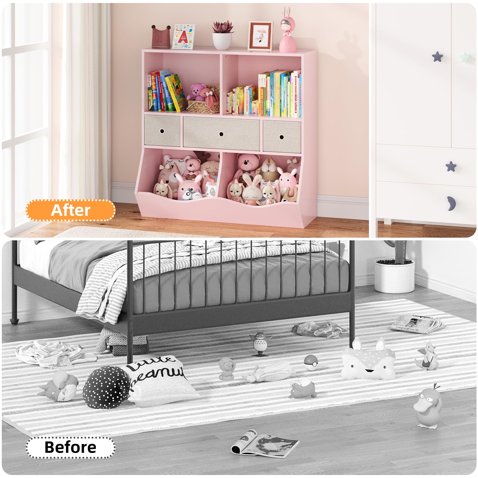 Organisateur de jouets pour enfants Garvee à 7 compartiments et 3 tiroirs, idéal pour la salle de jeux et le couloir, en bois rose, robuste et écologique.