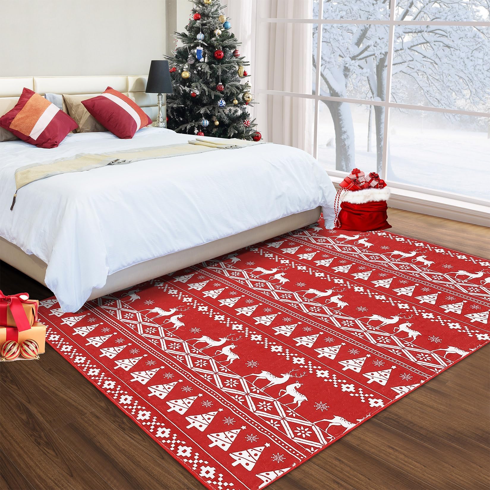 Tapis festif Garvee, motif bohème de Noël avec rennes, flocons de neige et sapin de Noël, pour salon, chambre, cuisine, salle de bain, rouge, ultra-fin, à poils courts