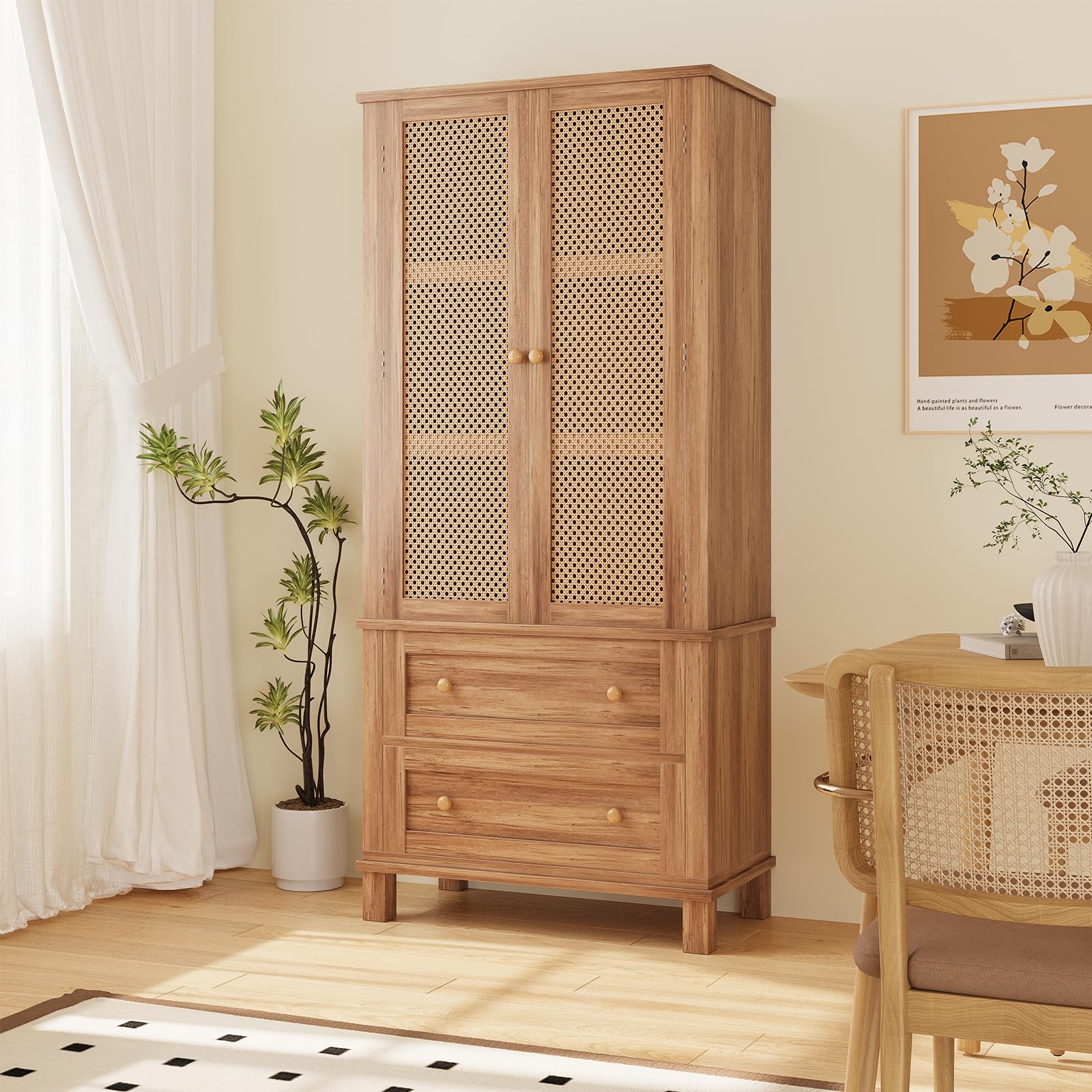 Meuble de rangement de cuisine Garvee avec 2 portes en rotin, 2 étagères réglables, hauteur 162,5 cm, en noyer, style campagnard, idéal pour le salon et la salle à manger.