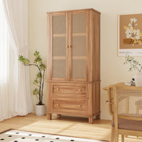 Meuble de rangement de cuisine Garvee avec 2 portes en rotin, 2 étagères réglables, hauteur 162,5 cm, en noyer, style campagnard, idéal pour le salon et la salle à manger.