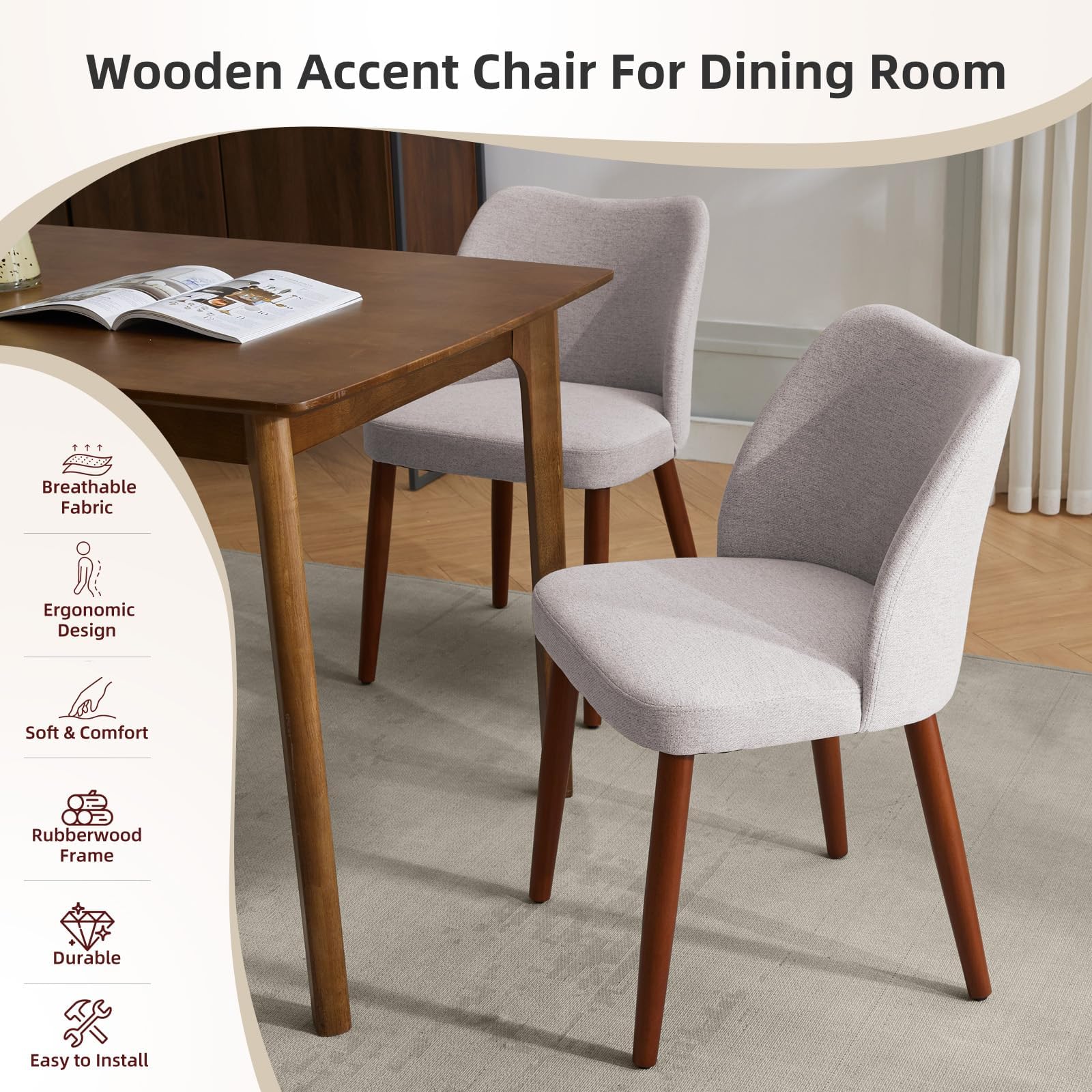 Chaises de salle à manger Garvee modernes, lot de 2, avec dossier ergonomique et pieds en bois d'hévéa, pour salle à manger, salon ou restaurant, gris lin