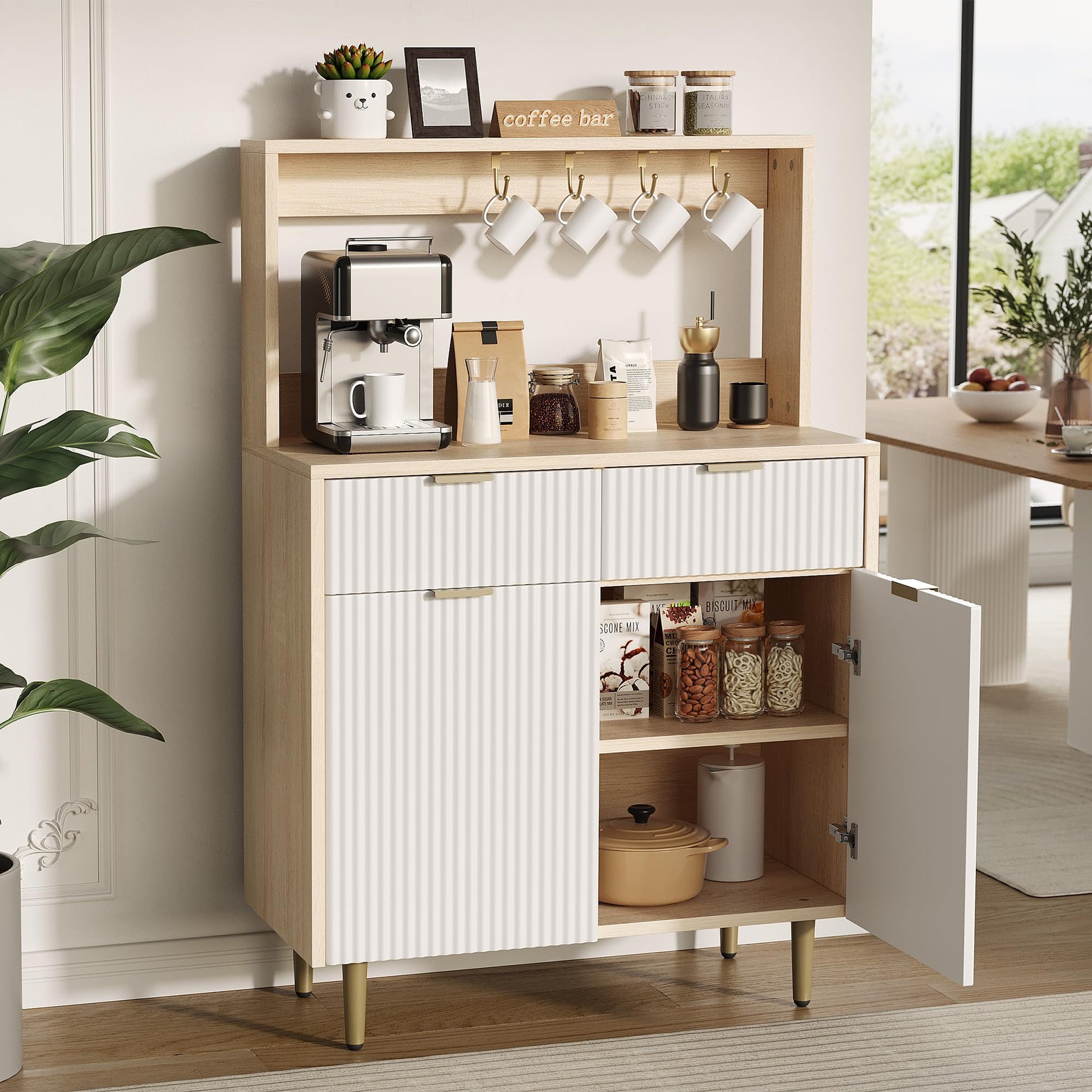 Buffet Garvee à motif ondulé élégant, avec étagères réglables, 2 tiroirs, pieds en métal et bois, style moderne pour salon et cuisine, système anti-basculement.