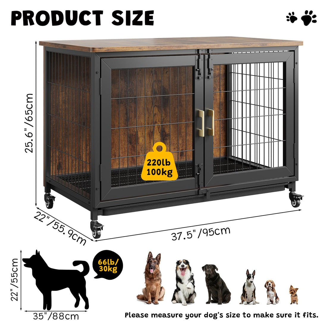 Garvee Niche pour chien de 95 cm (95, 2 cm) avec roulettes, fond grillagé, plateau amovible pour chiens de petite et moyenne taille