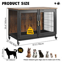 Niche pour chien Garvee de 95 cm (37,5 pouces) avec roulettes, fond grillagé, plateau amovible pour chiens de petite et moyenne taille, style ferme d'intérieur, aspect bois, structure en acier robuste.