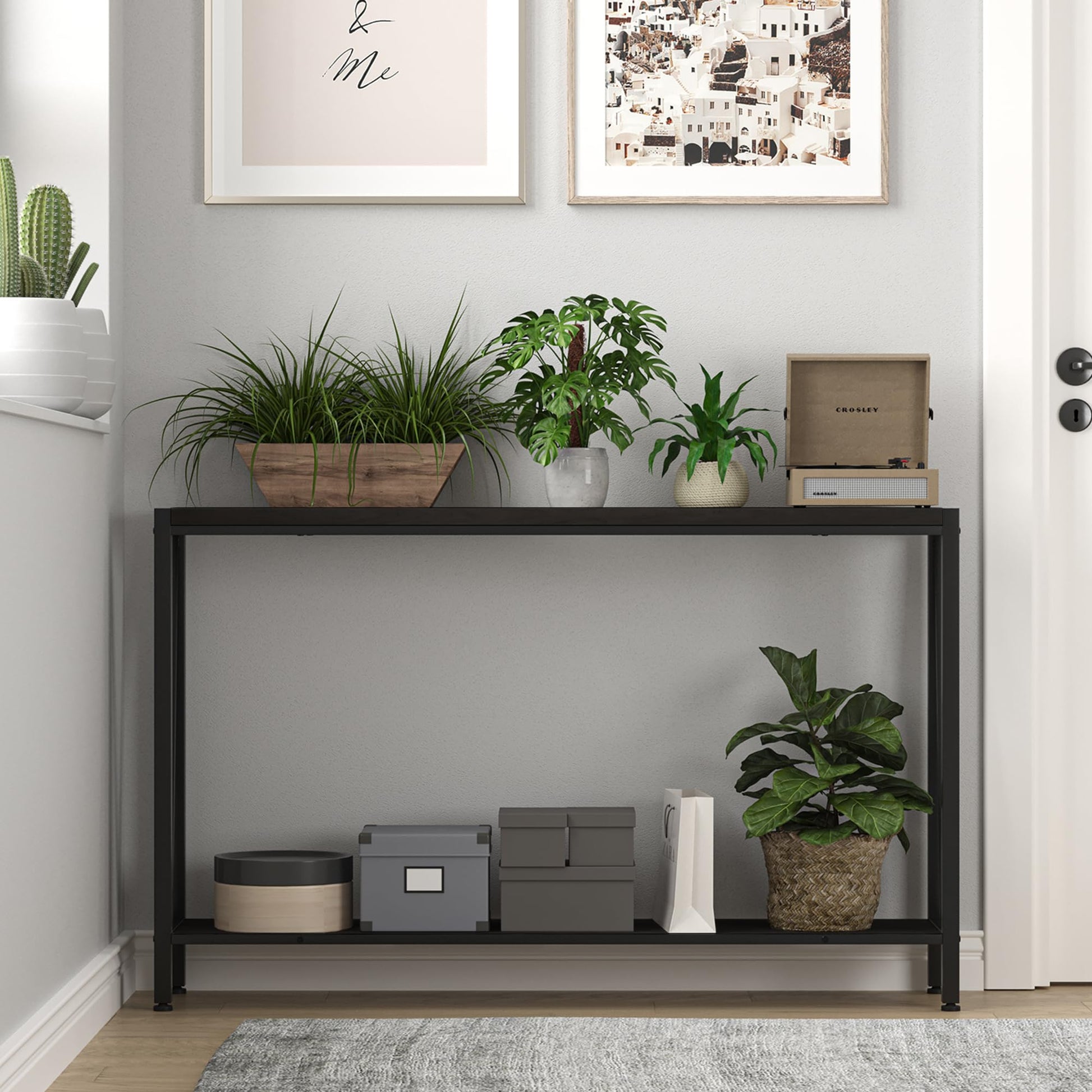 Garvee Console étroite 2 niveaux pour canapé, bois noir, compacte et robuste, 109 x 25 x 76 cm, idéale couloir, entrée et salon.