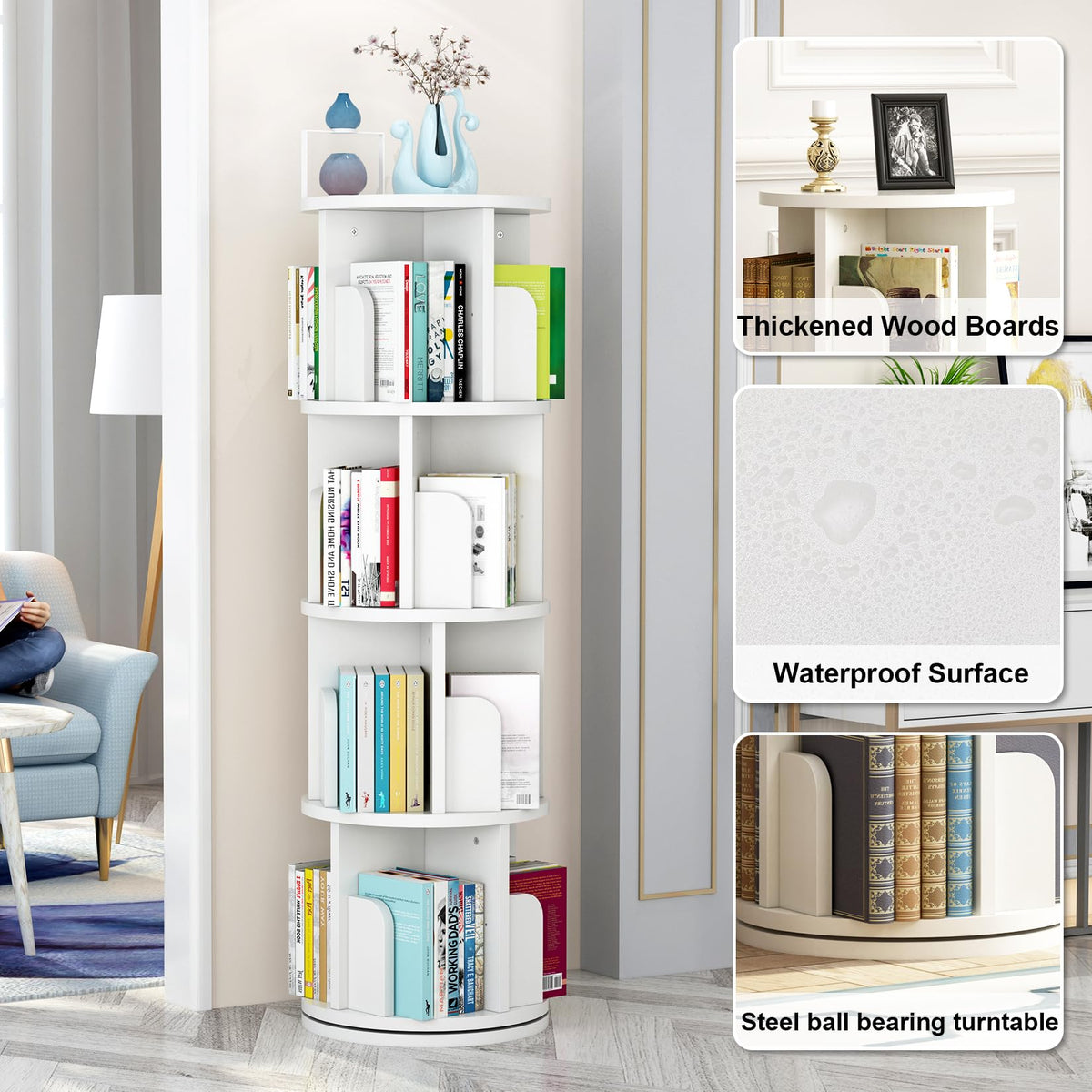 Garvee étagère pivotante 130 cm (130 cm) en bois blanc, rotation à 360°, 4 niveaux, bois de pin durable, gain de place, polyvalente pour la chambre et le salon