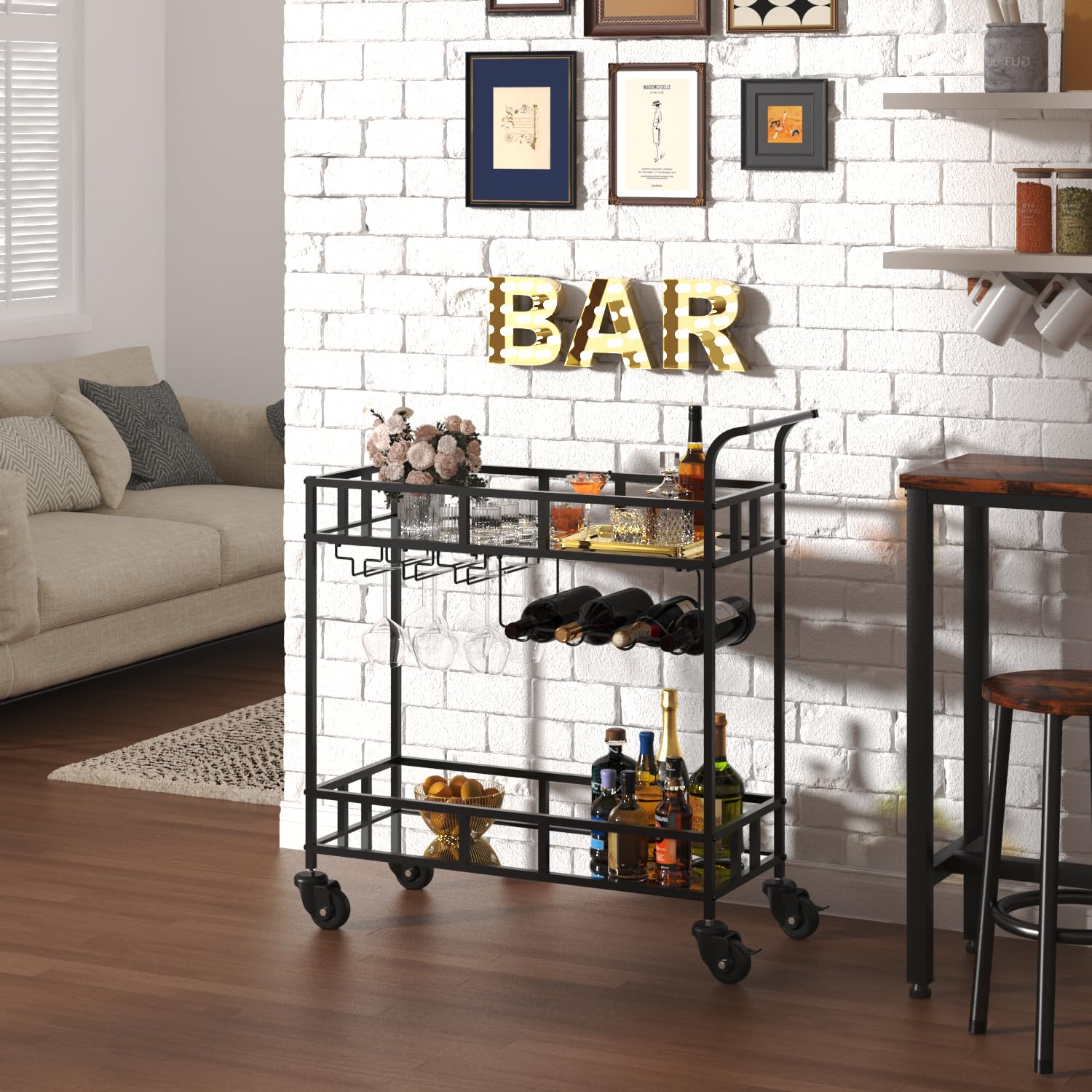 Chariot de bar à vin roulant Garvee à 2 niveaux avec étagères miroir, porte-bouteilles, système de suspension pour verres, structure en métal, roulettes pivotantes à 360°, compact pour le salon et les réceptions, 86 x 38 x 90 cm, couleur métallisée