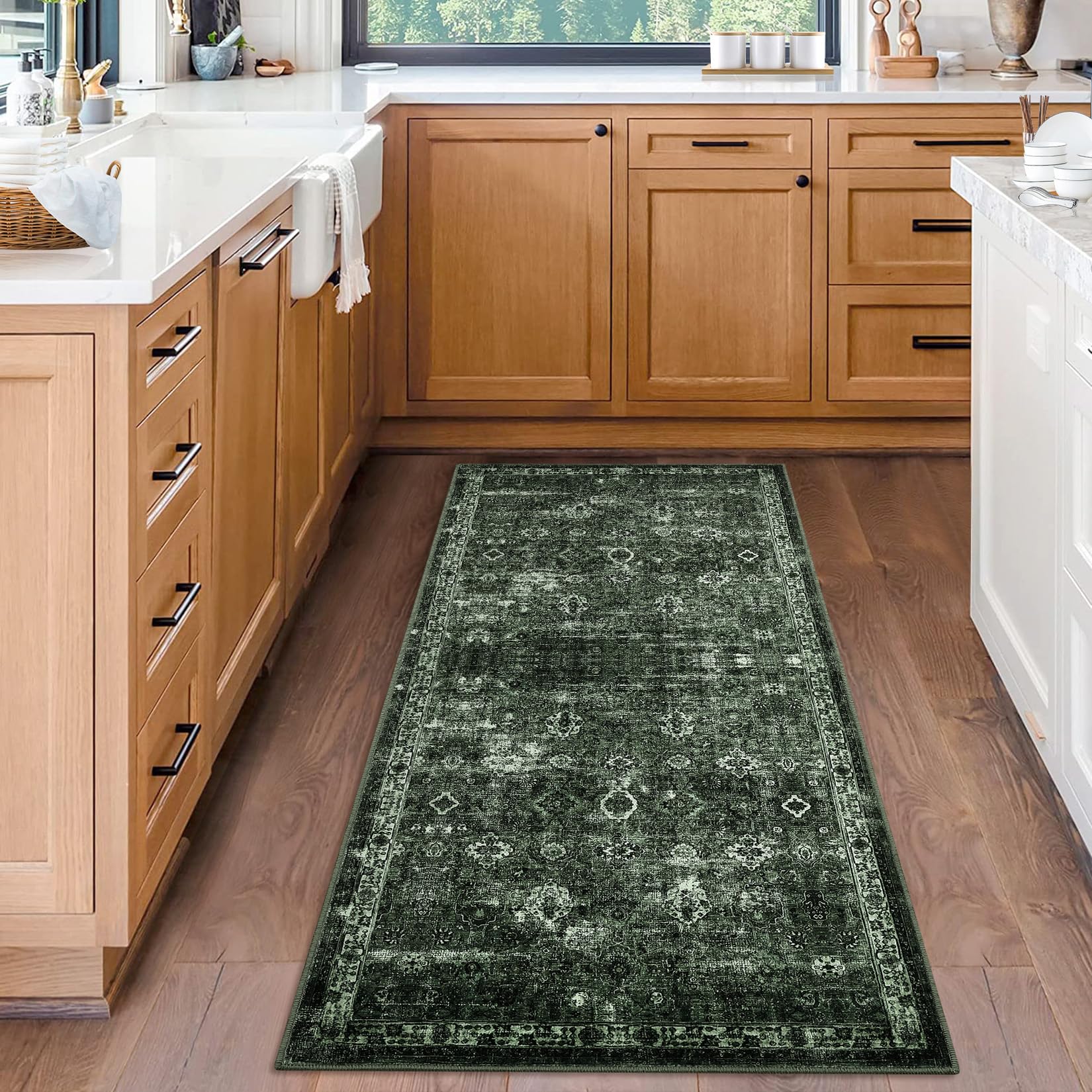 Tapis de couloir antidérapant à poils courts Garvee Boho pour cuisine, entrée, chambre, 80 x 150 cm, vert foncé vintage