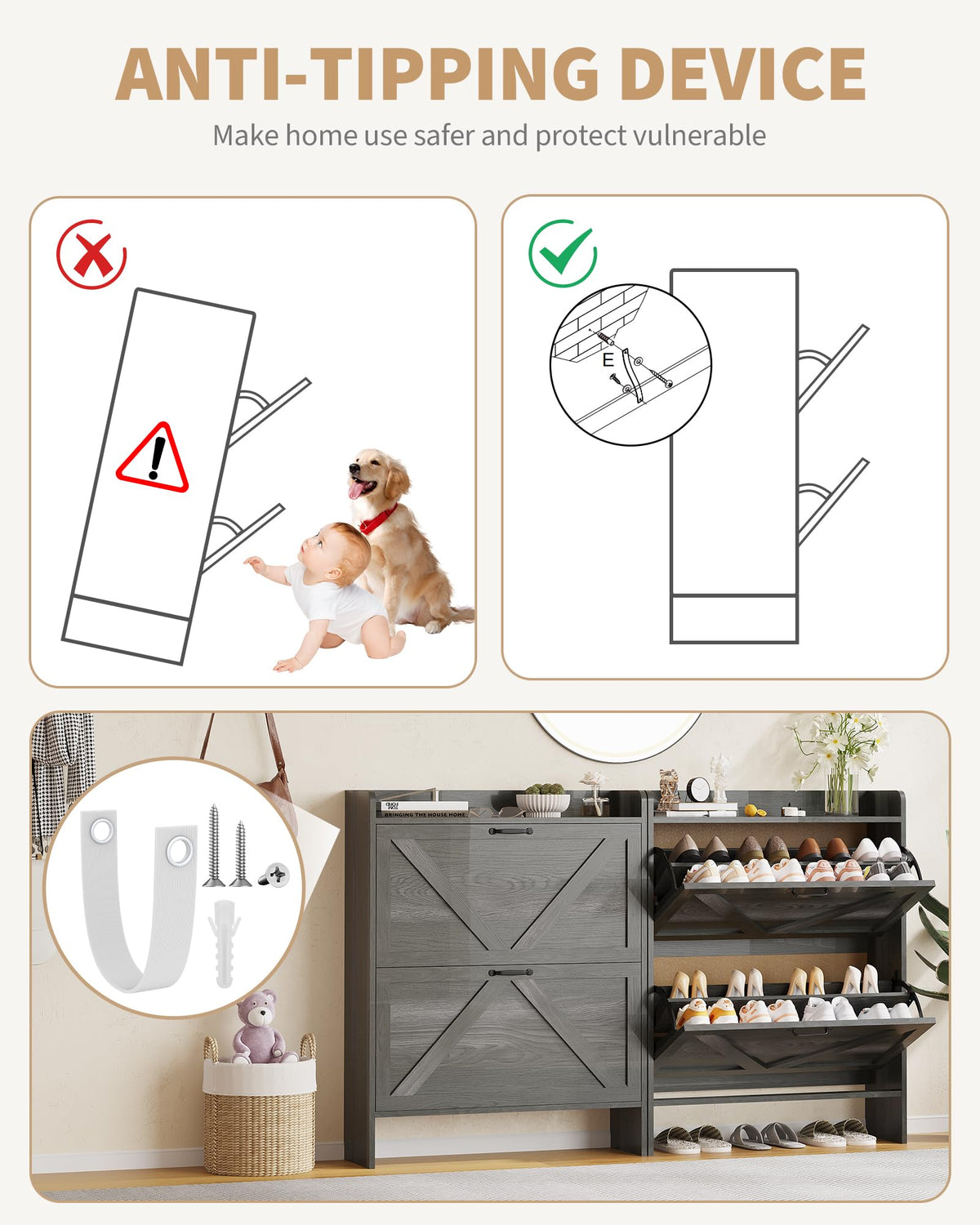 Rangement à chaussures Garvee avec 2 tiroirs pliables, marron rustique, pour couloir et entrée, gain de place, durable, pieds en métal