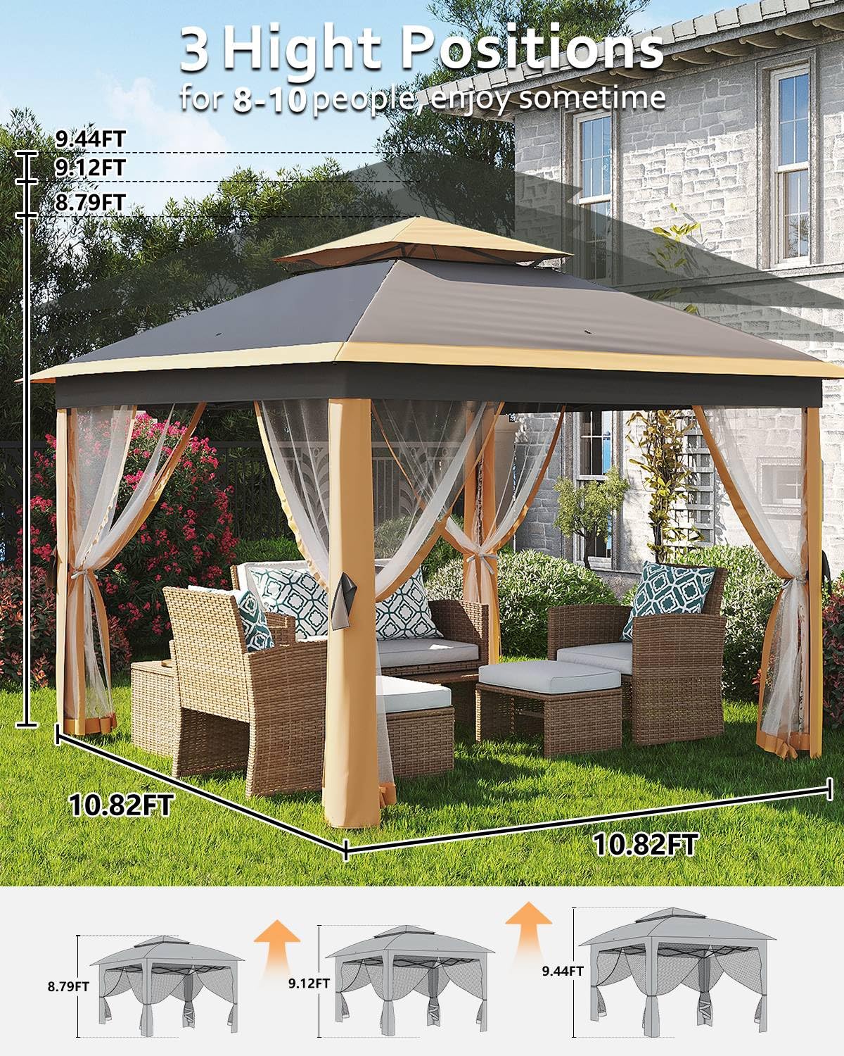 Garvee Tonnelle Pliante 335 x 335 cm avec Moustiquaire, Métal Anticorrosion, Hauteur Réglable, pour Jardin, Terrasse et Camping
