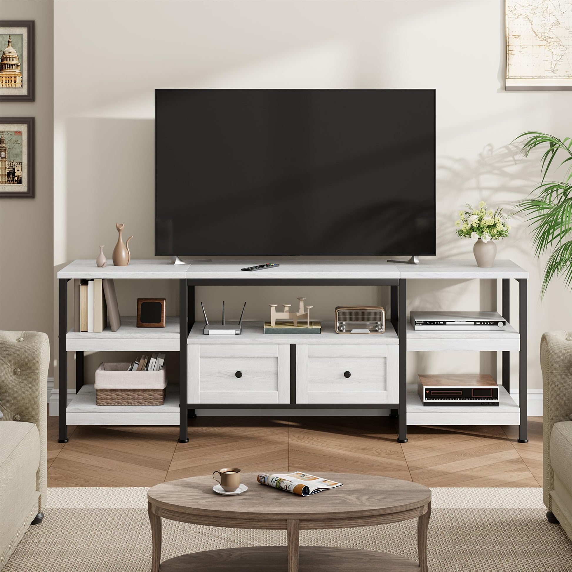 Meuble TV industriel Garvee avec 2 tiroirs pour salon, 200 cm (79 pouces), marron rustique