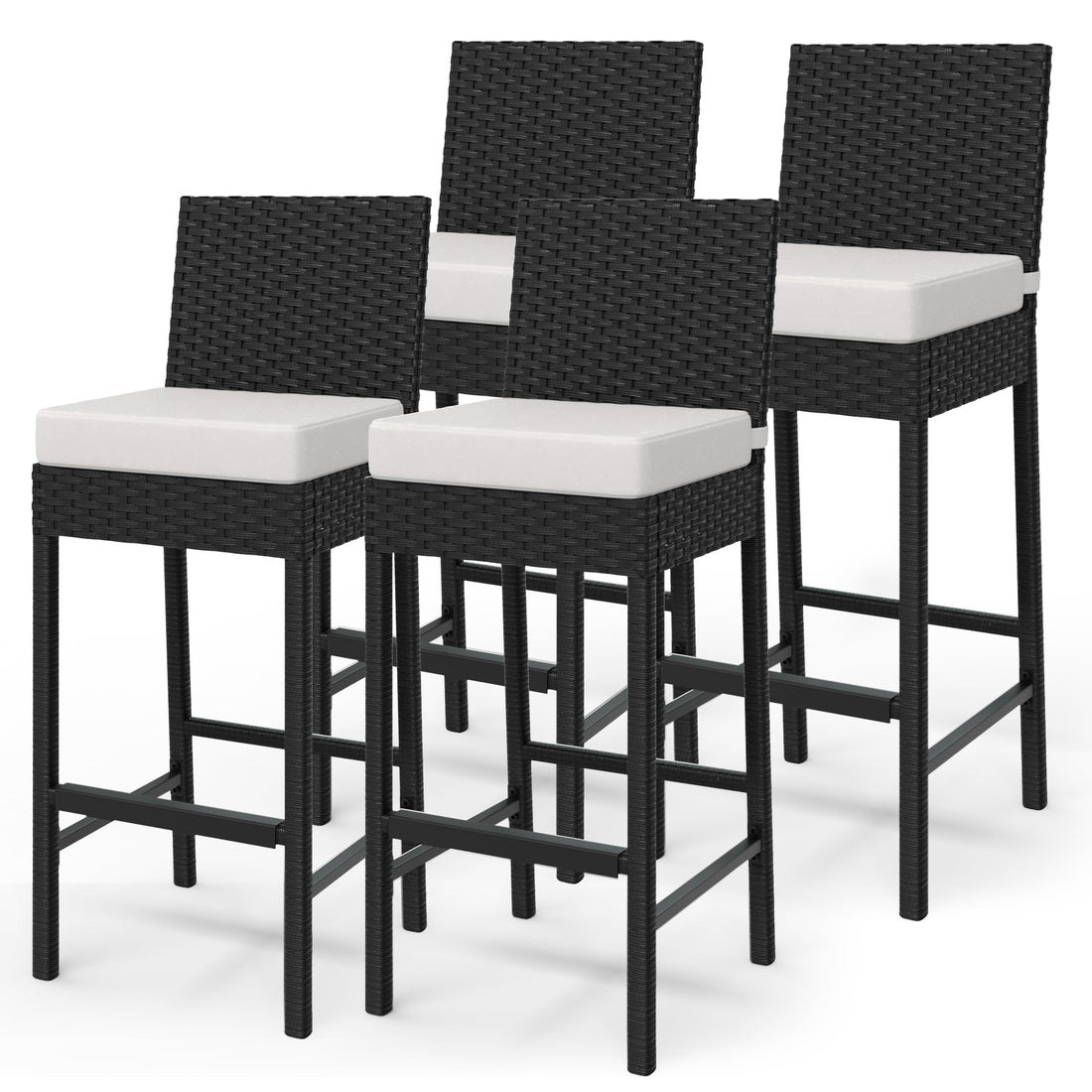 Ensemble de 4 tabourets de bar d'extérieur en rotin tressé Garvee - Ergonomiques et résistants aux intempéries, hauteur d'assise 71 cm, pour jardin et terrasse, noirs