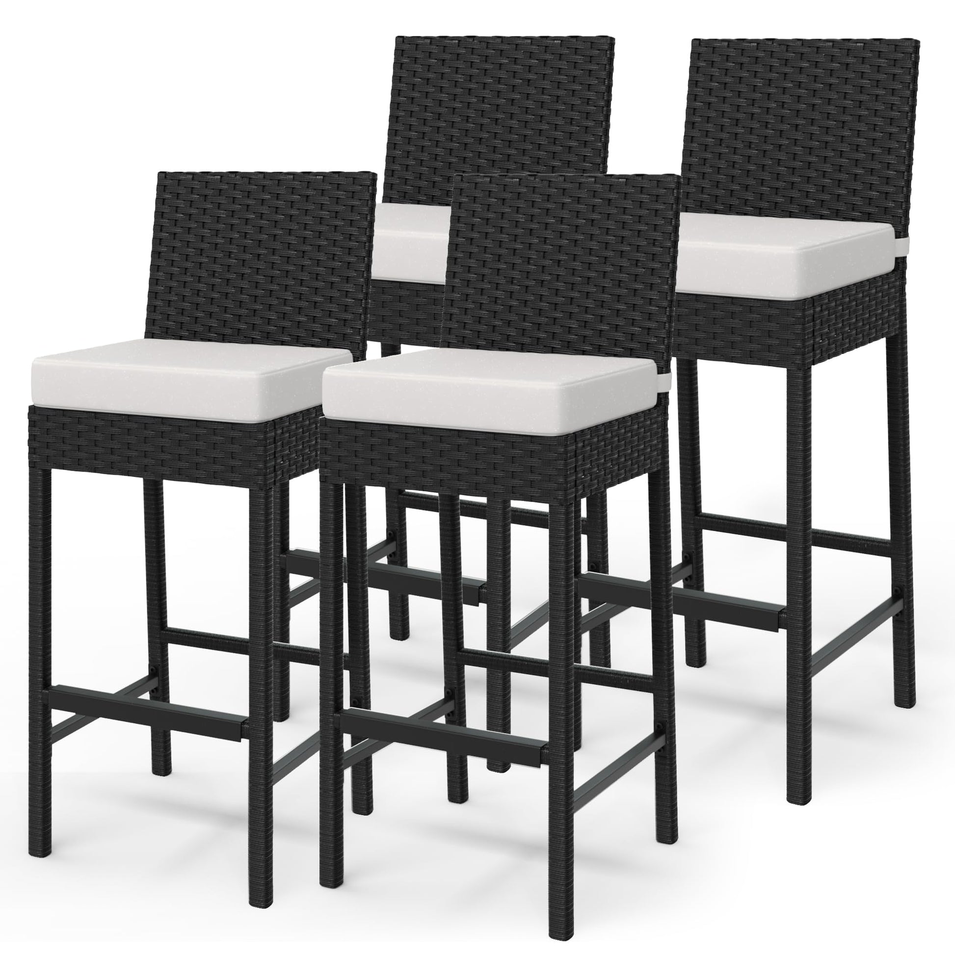 Ensemble de 4 tabourets de bar d'extérieur en rotin tressé Garvee - Ergonomiques et résistants aux intempéries, hauteur d'assise 71 cm, pour jardin et terrasse, noirs