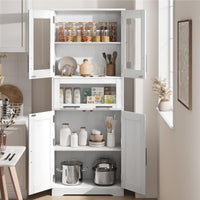 Armoire de salle de bain haute Garvee avec portes vitrées, étagères réglables, MDF, blanche, pour cuisine et salon, 60 x 30 x 170 cm