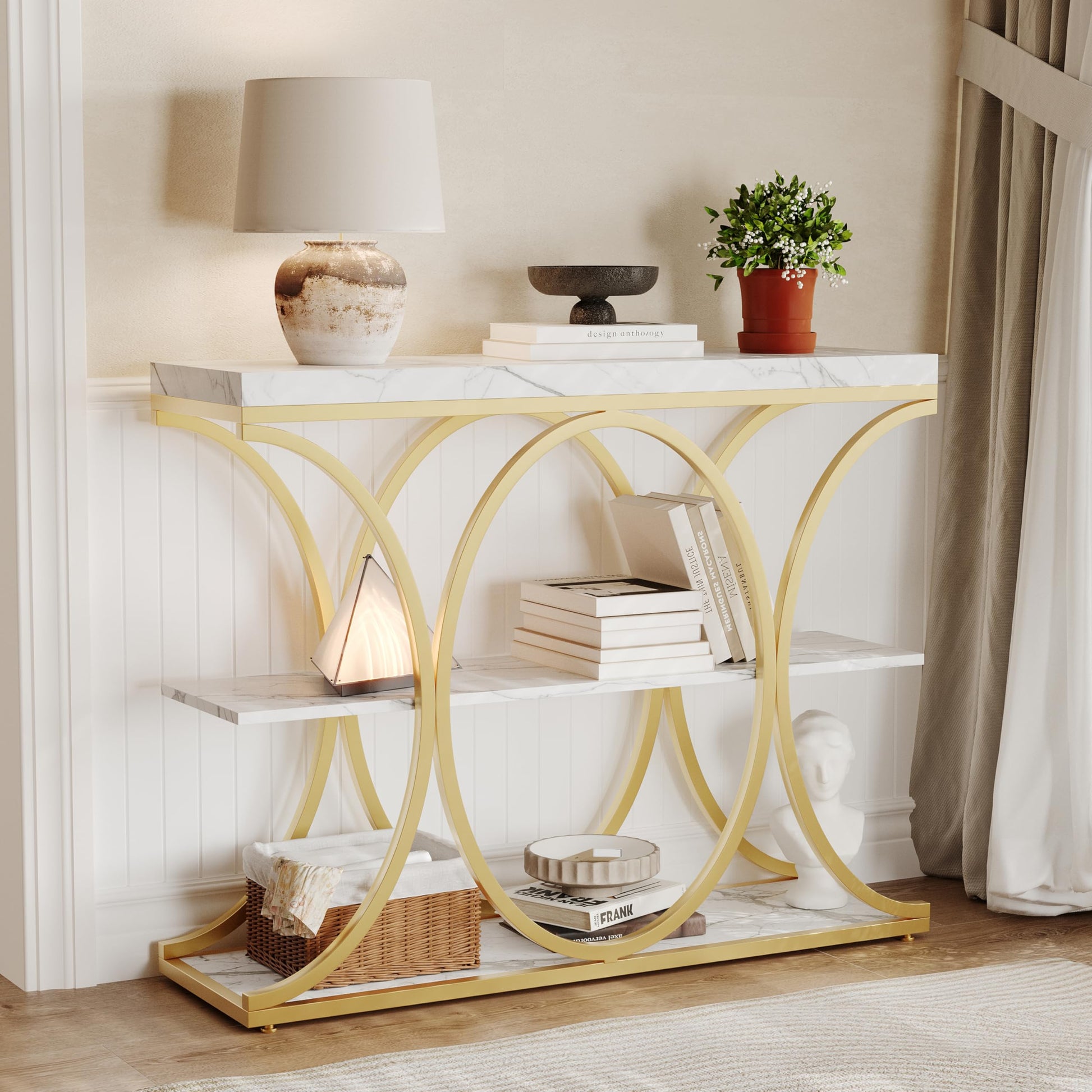 Console Garvee 99 cm (39 po), style industriel, 3 niveaux, structure en métal et bois, moderne, idéale pour le salon, le couloir ou l'entrée, gain de place, noire