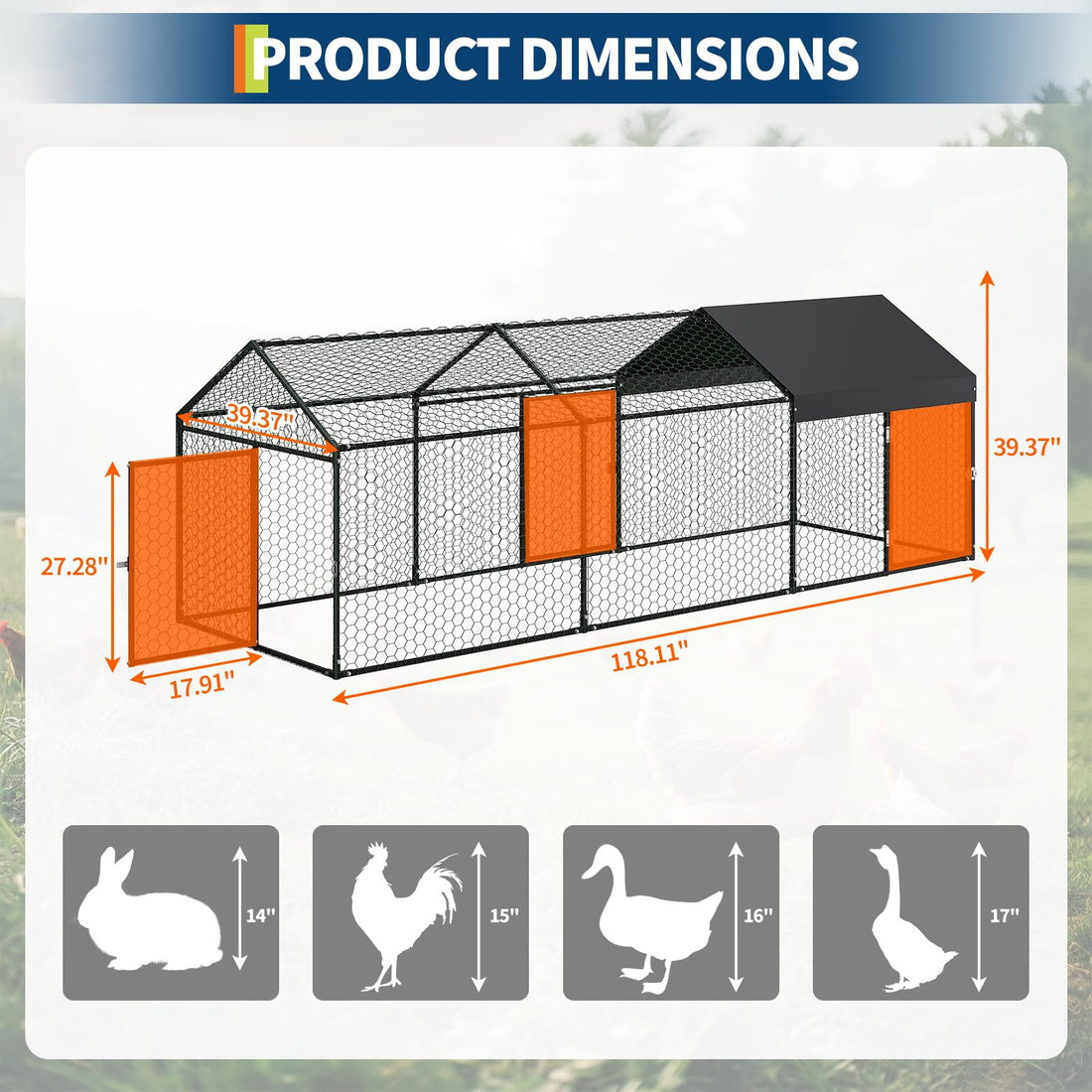 Poulailler Garvee grand format 120 x 40 x 40 pouces – 3 portes, acier galvanisé, résistant aux intempéries et sécurisé