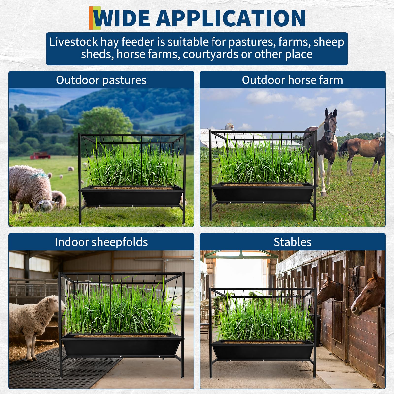 Mangeoire à foin Garvee Pasture de 45 gallons en acier robuste 2 en 1 avec râtelier à foin pour chevaux et moutons, usage extérieur et intérieur, noir