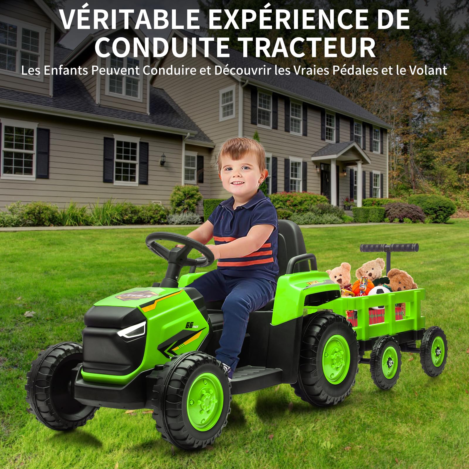 Tracteur Garvee 12V pour enfants avec double moteur, vert - Tracteur électrique robuste pour enfants de 3 à 8 ans