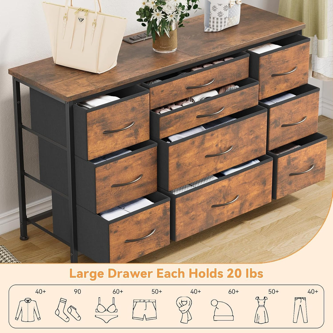 Garvee Commode avec 10 tiroirs, prise électrique intégrée, meuble multifonctionnel pour chambre et salon - Buffet robuste et durable, 120 × 40 × 70 cm