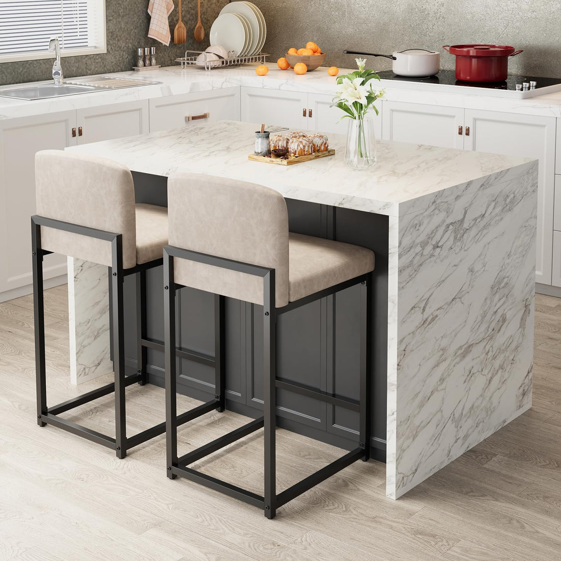 Ensemble de 2 tabourets de bar Garvee modernes avec dossier et repose-pieds, hauteur réglable, beige, pour îlot de cuisine et salle à manger