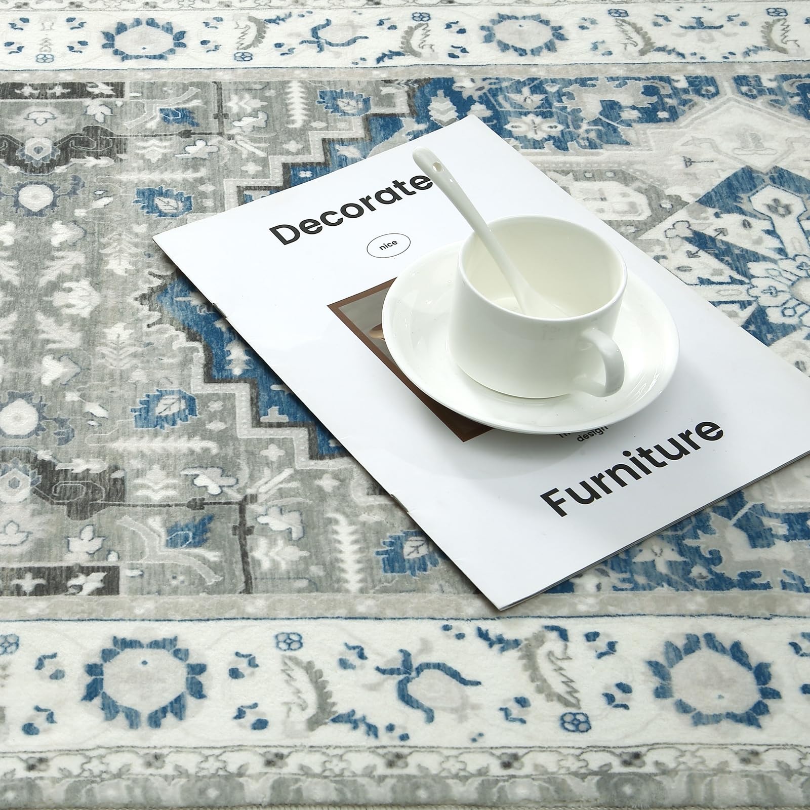 Tapis antidérapant Garvee Lange pour salon et chambre, motif floral oriental, lavable en machine, 120 x 170 cm, bleu